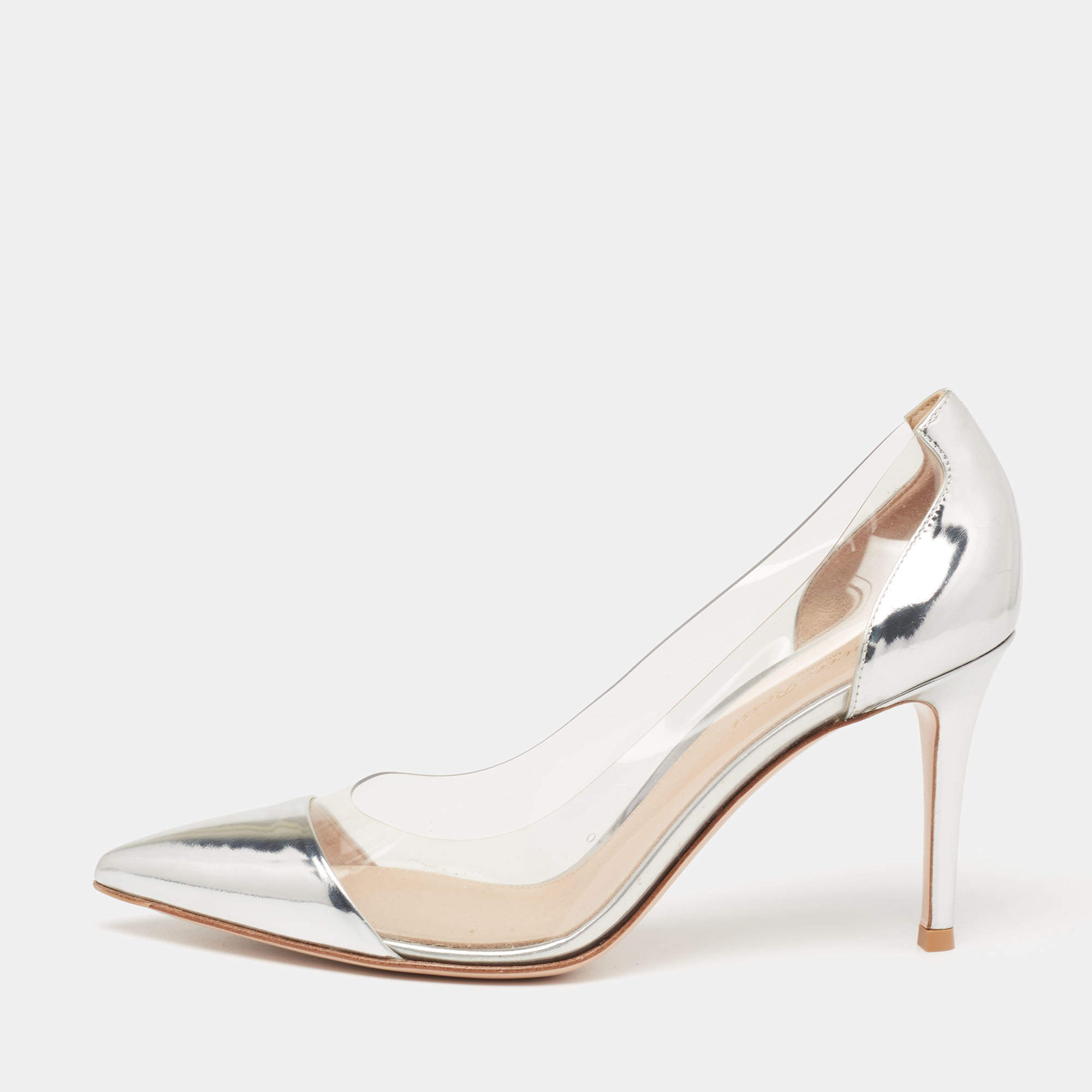 Pre Owned Gianvito Rossi Silver Leather and PVC Plexi Pumps Size 38