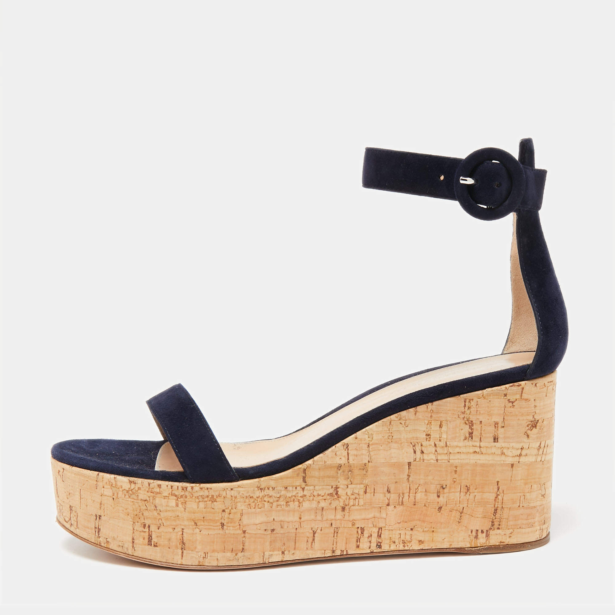 Pre Owned Gianvito Rossi Navy Blue Suede Cork Wedge Platform Ankle-Strap Sandals Size 39.5