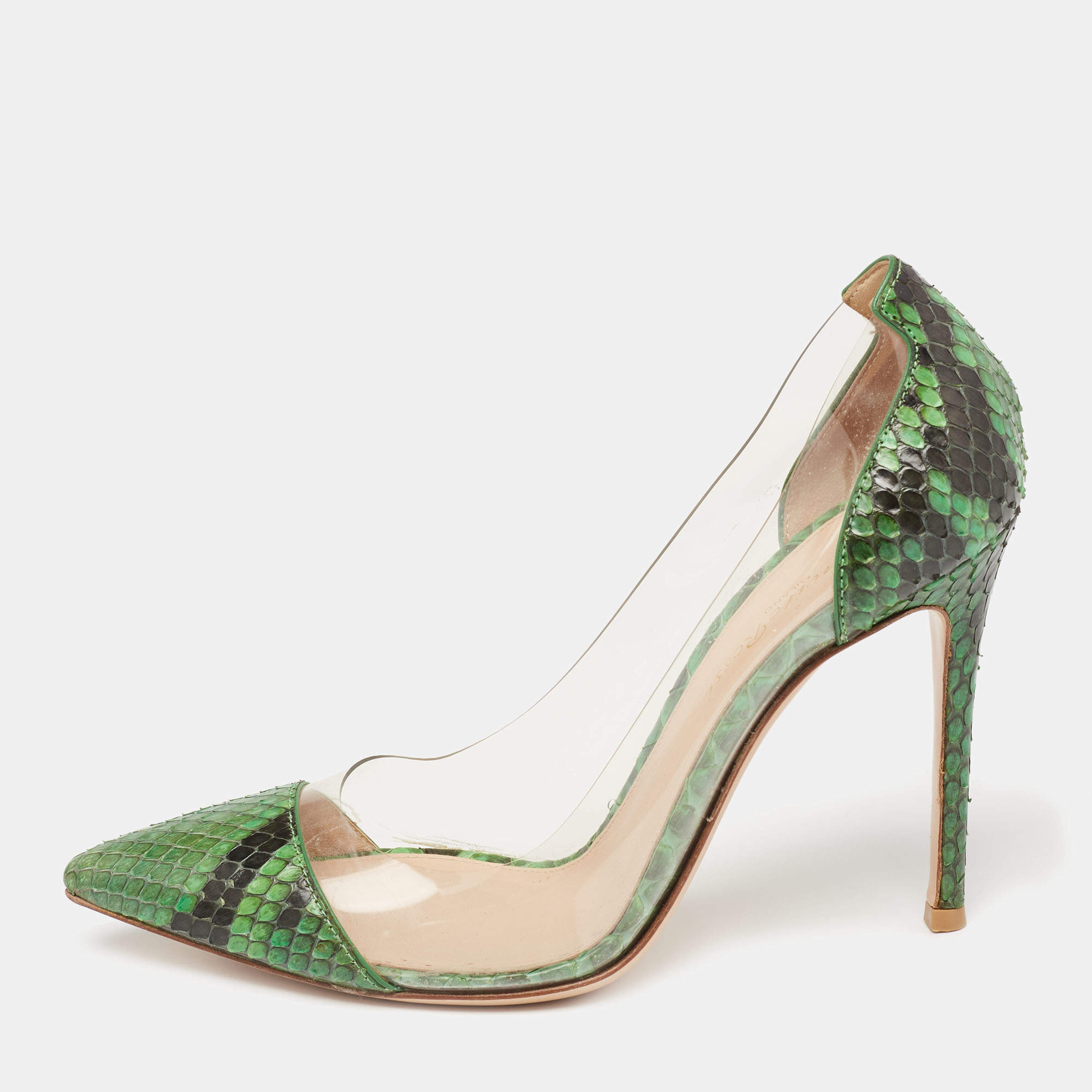 Pre Owned Gianvito Rossi Green Python Leather And PVC Plexi Pumps Size 37.5