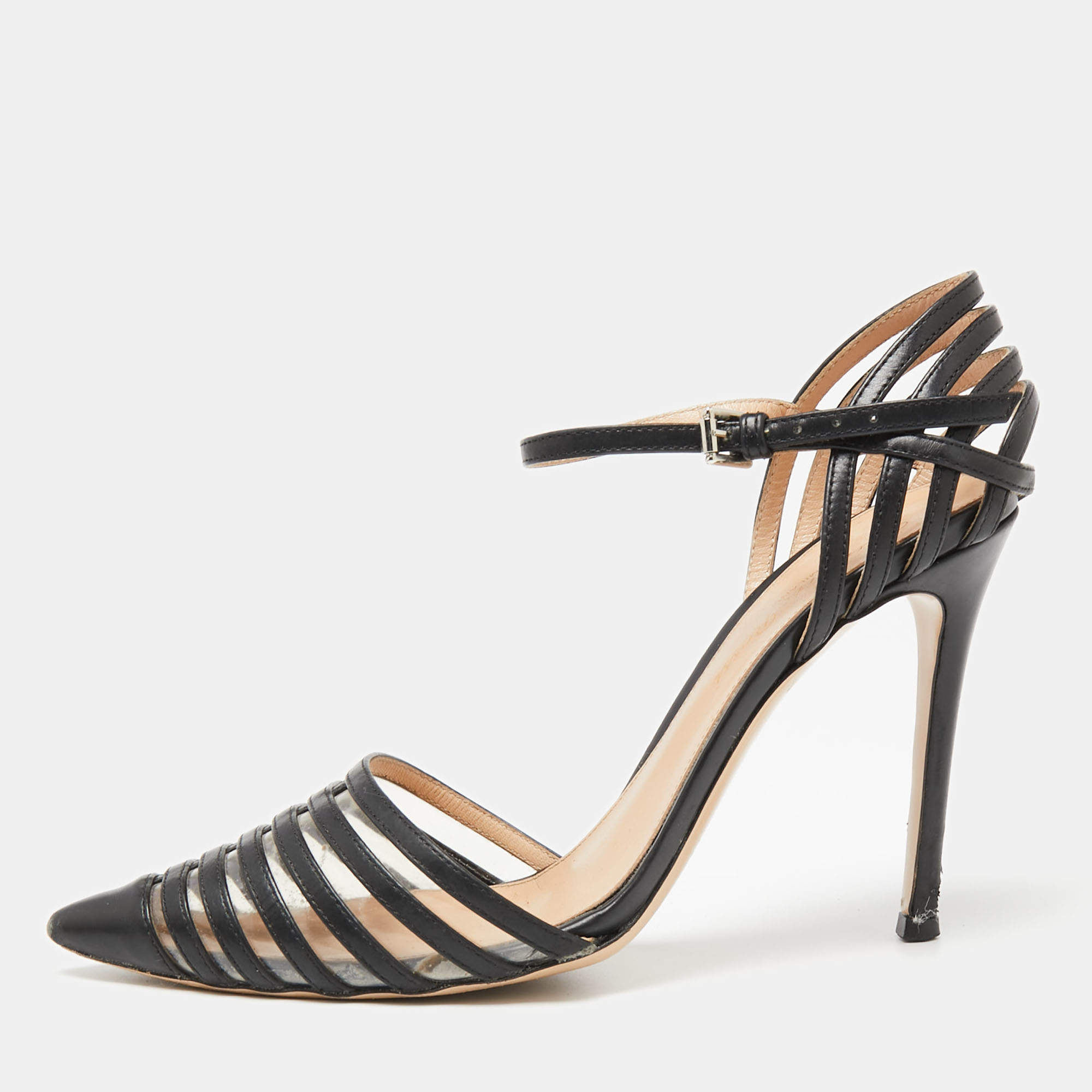 Pre Owned Gianvito Rossi Black Leather and PVC Caged Ankle-Strap Pointed-Toe Pumps Size 36.5