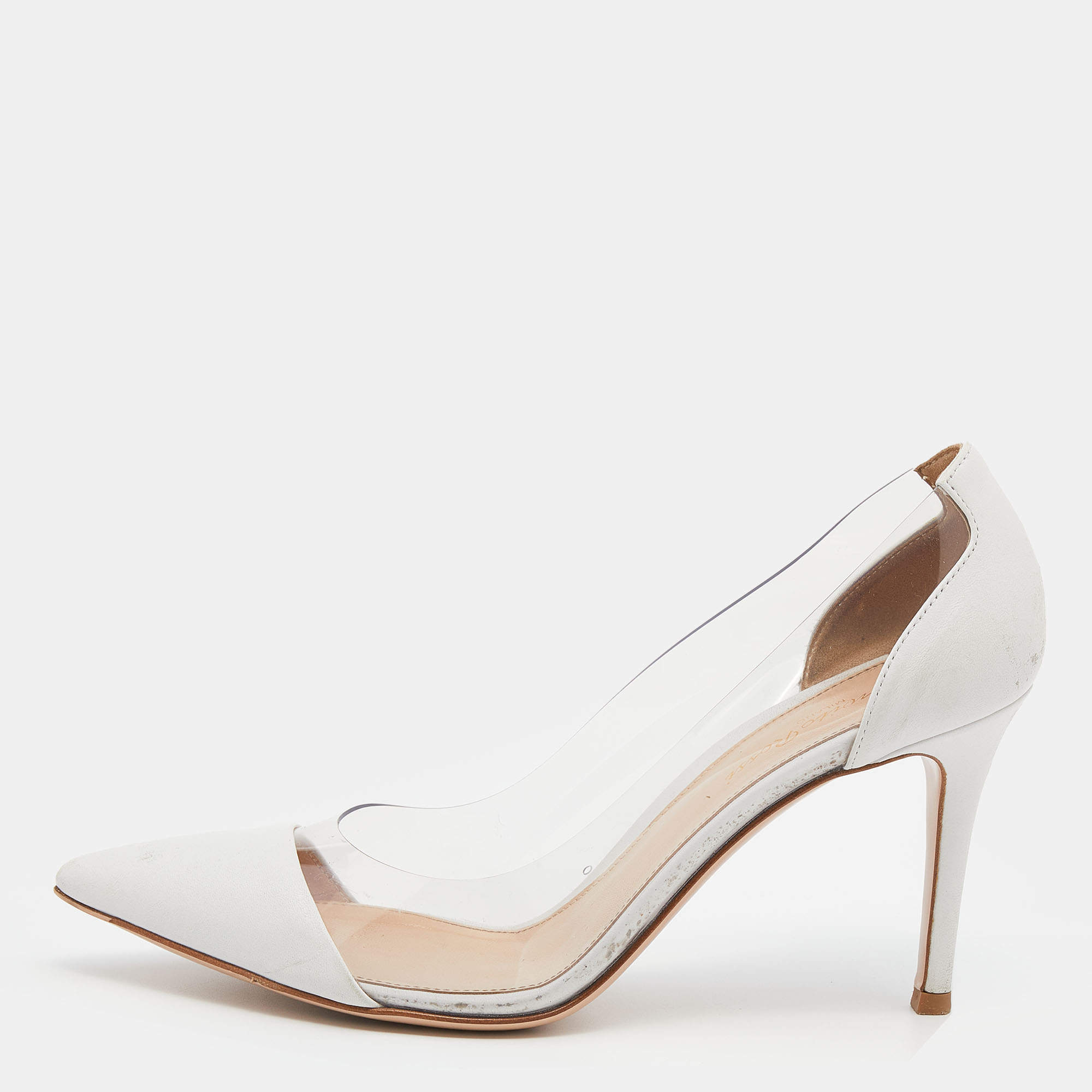 Gianvito Rossi White Leather And PVC Plexi Pointed Toe Pumps Size