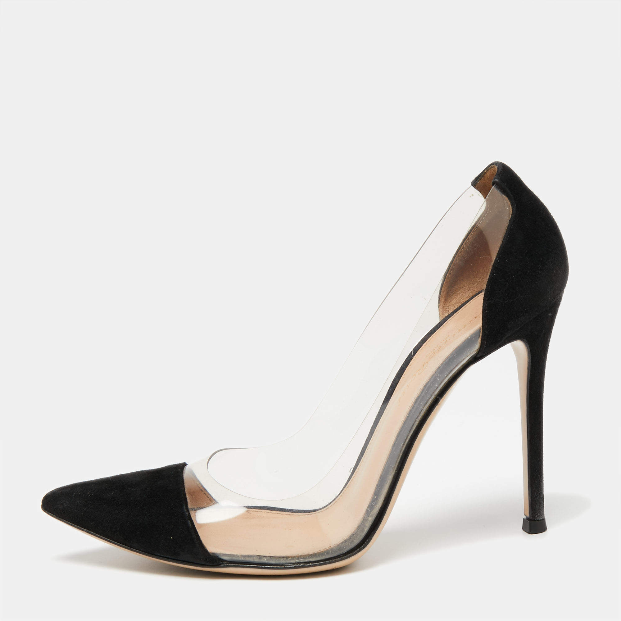 Pre Owned Gianvito Rossi Black Suede and PVC Plexi Pumps Size 37.5
