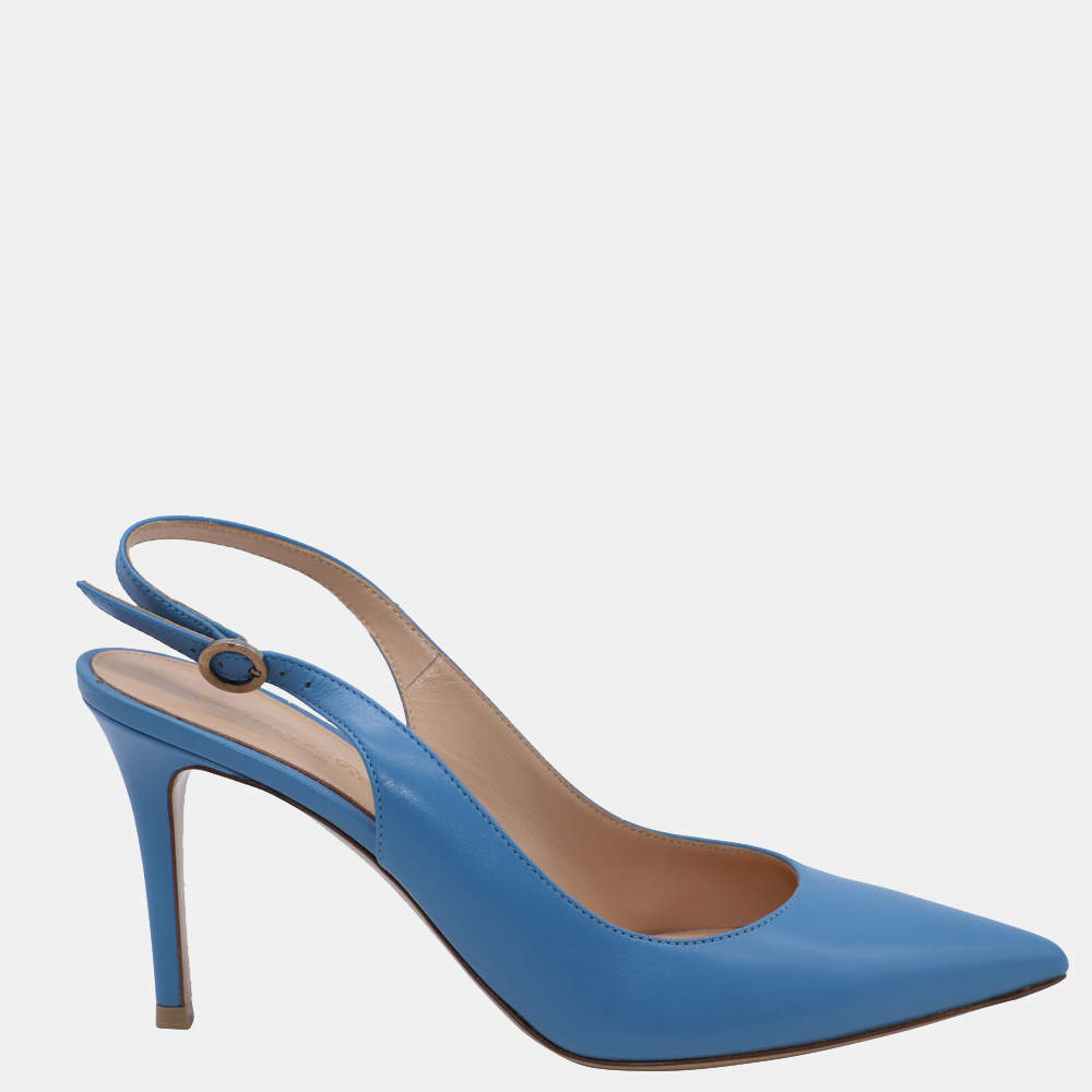 Pre Owned Gianvito Rossi Blue Leather Slingback 85 Pumps Size EU 38.5