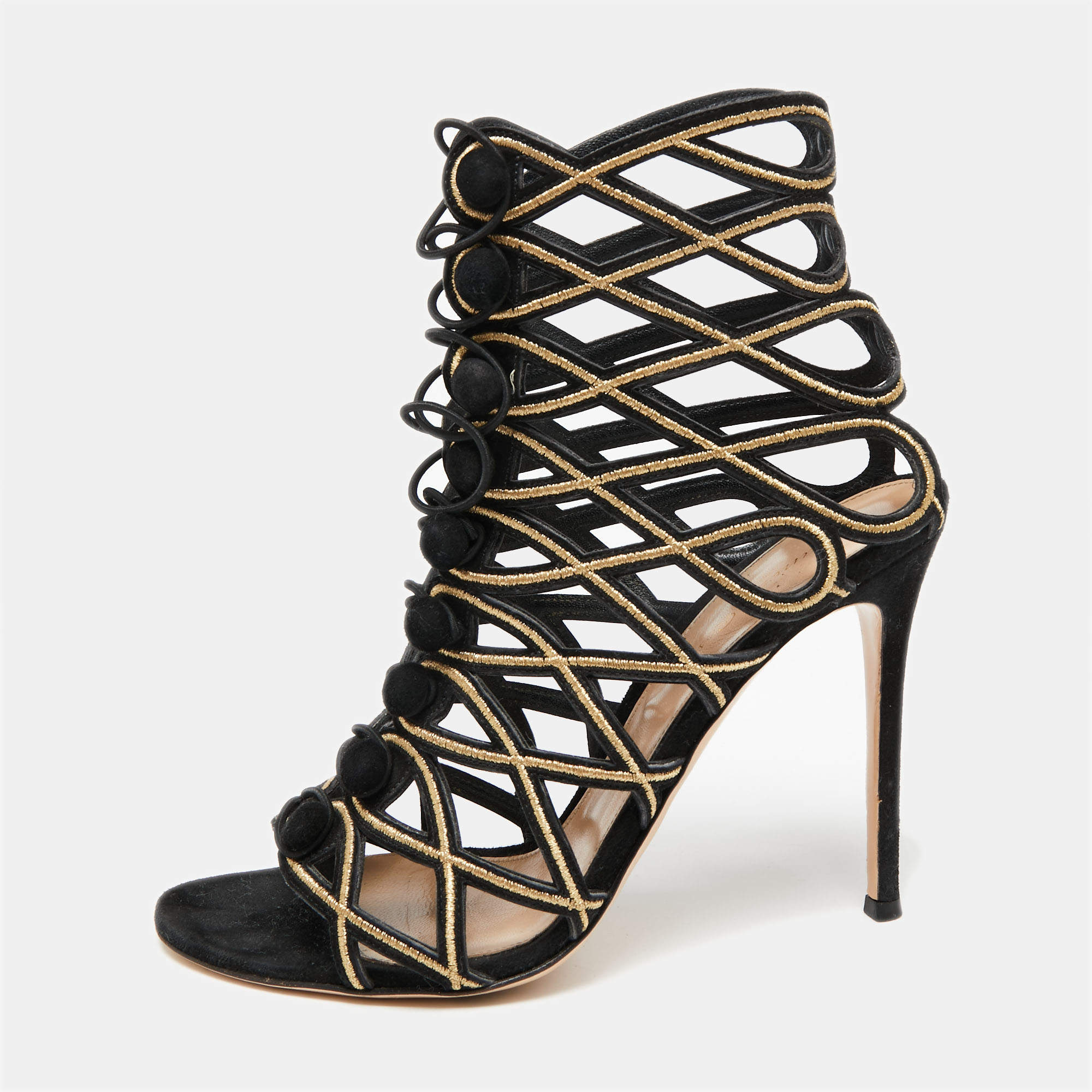 Pre Owned Gianvito Rossi Black/Gold Suede And Cutout Leather Lace Up Peep Toe Sandals Size 41