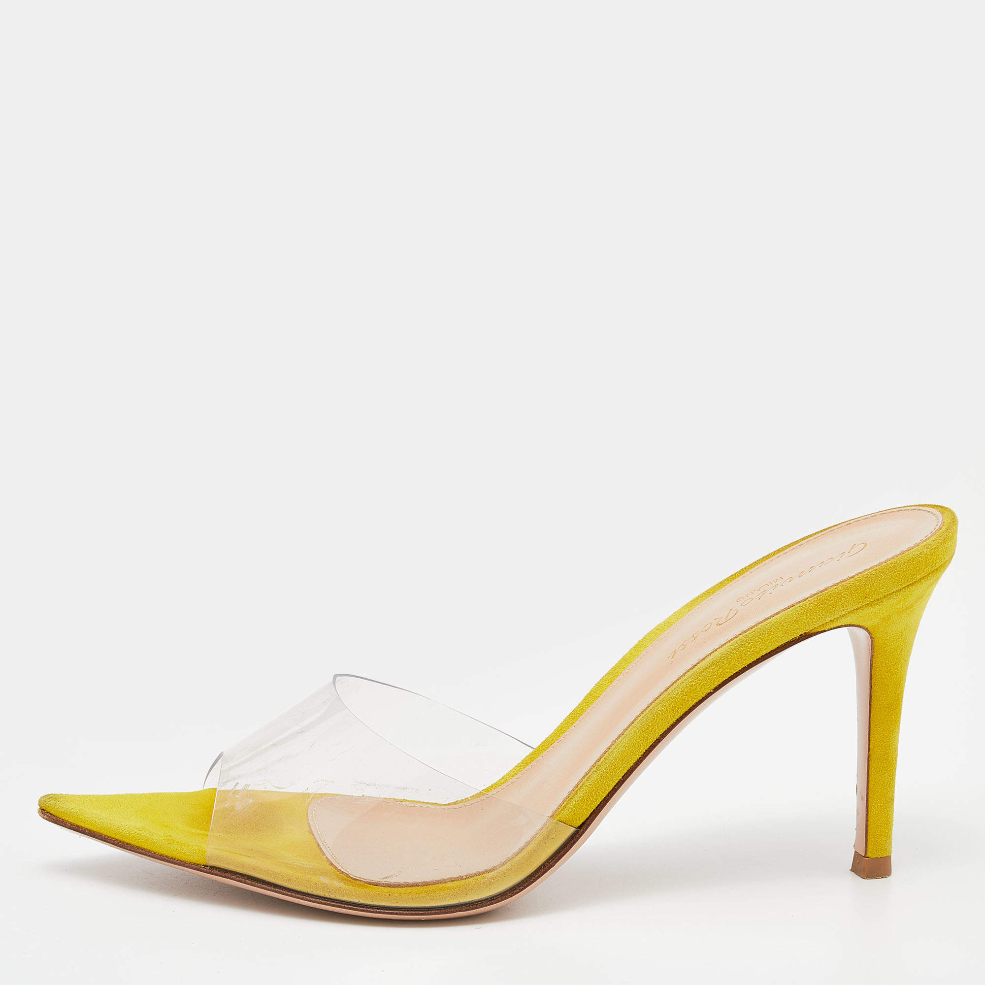 Pre Owned Gianvito Rossi Clear/Yellow PVC And Suede Elle 105 Slide Sandals Size 37