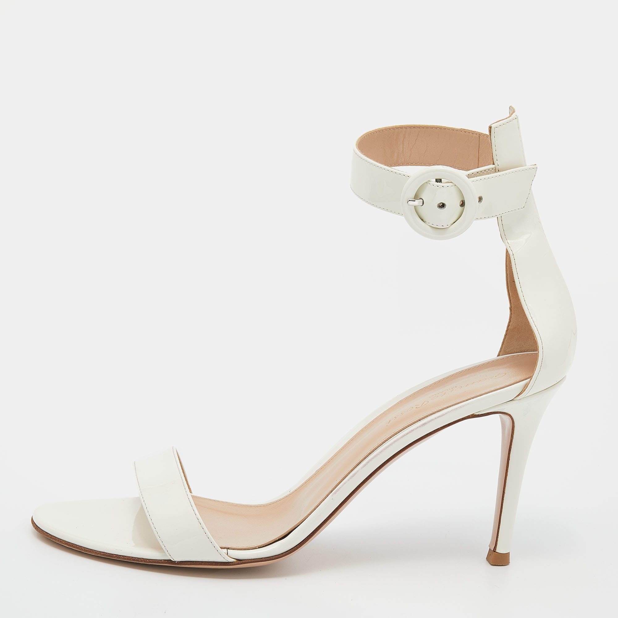 Pre Owned Gianvito Rossi White Patent Leather Portofino Ankle Cuff Sandals Size 38.5