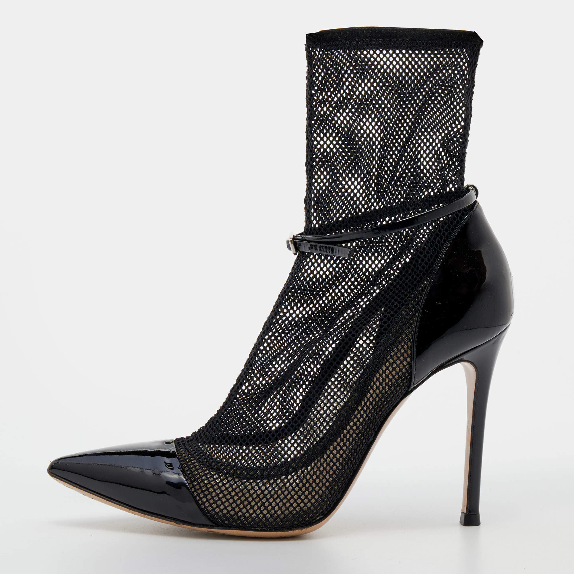 Gianvito Rossi Black Mesh And Patent Leather Idol Booties Size 36.5