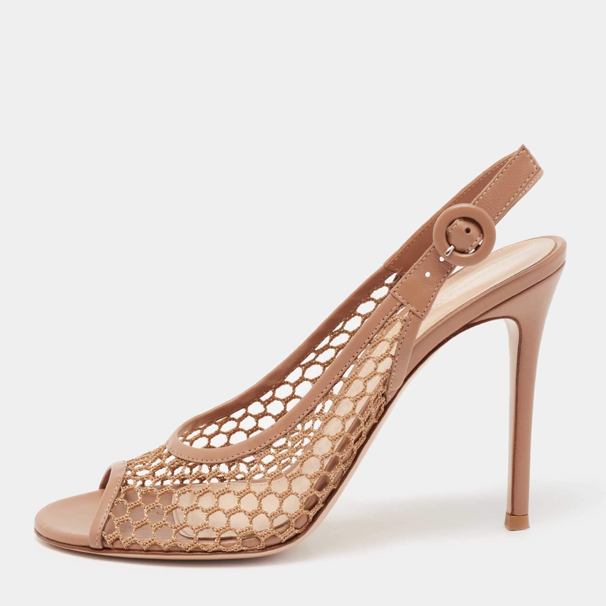 Pre Owned Gianvito Rossi Beige Honey Comb Mesh and Leather Open-Toe Slingback Sandals Size 39.5