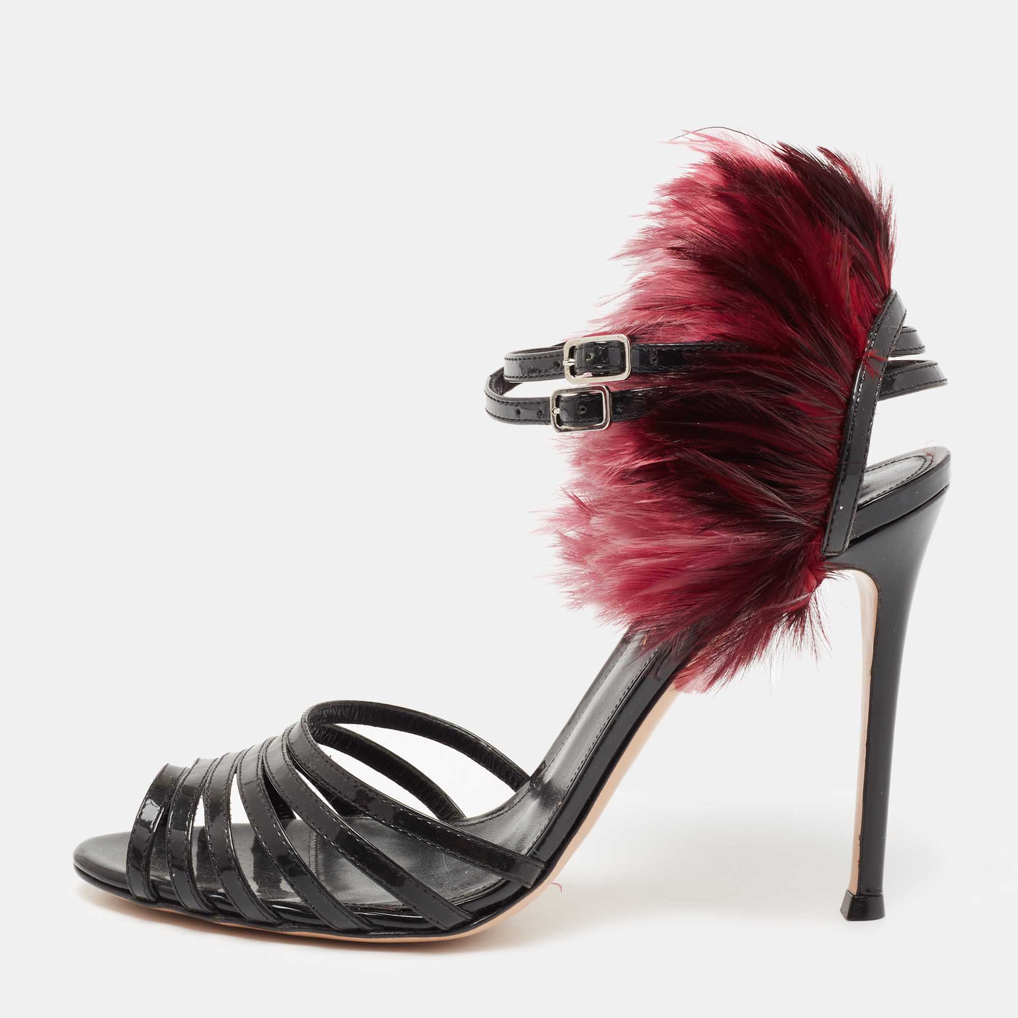 Pre Owned Gianvito Rossi Black Patent Leather And Feather Strappy Sandals Size 37.5
