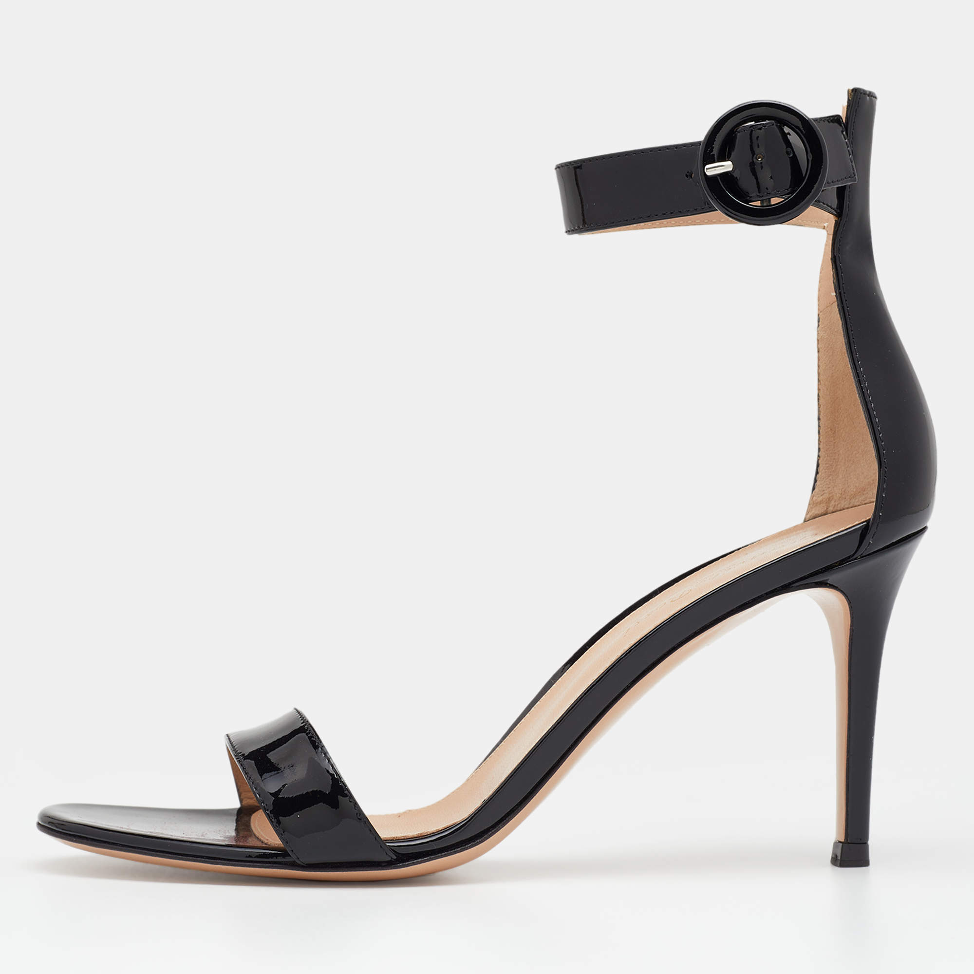 Pre Owned Gianvito Rossi Black Patent Leather Portofino Ankle Strap Sandals Size 38.5