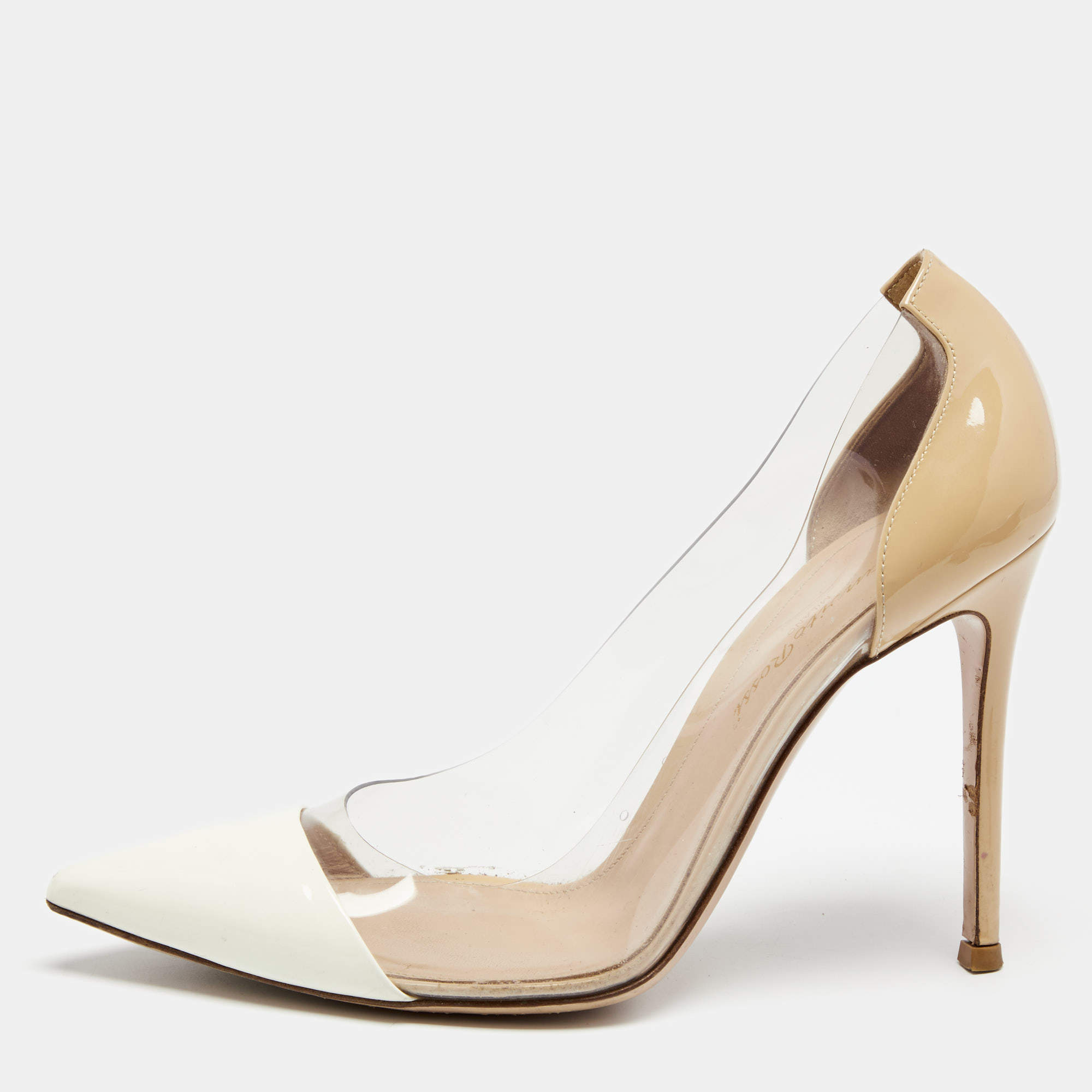 Gianvito Rossi Beige/White Patent Leather And PVC Plexi Pointed Toe Pumps Size 38