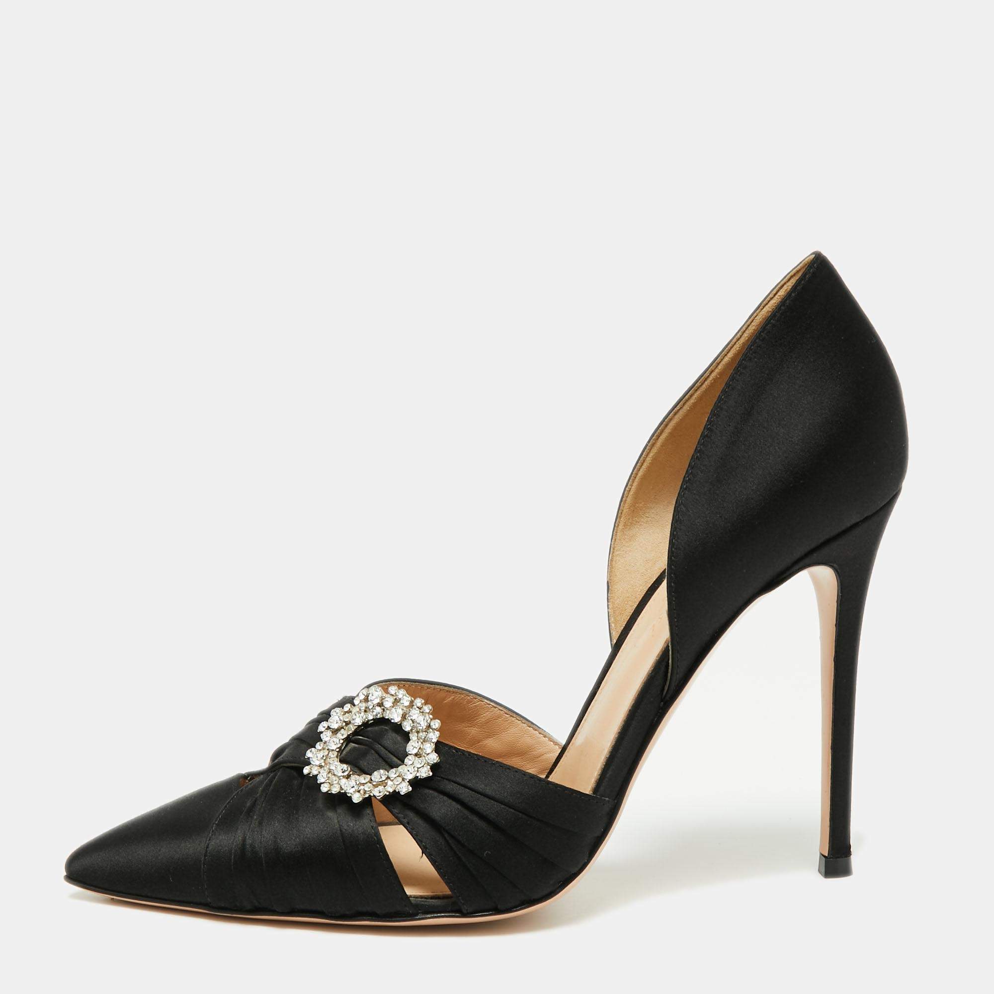 Pre Owned Gianvito Rossi Black Pleated Satin Crystal Embellished Pointed Toe Pumps Size 40
