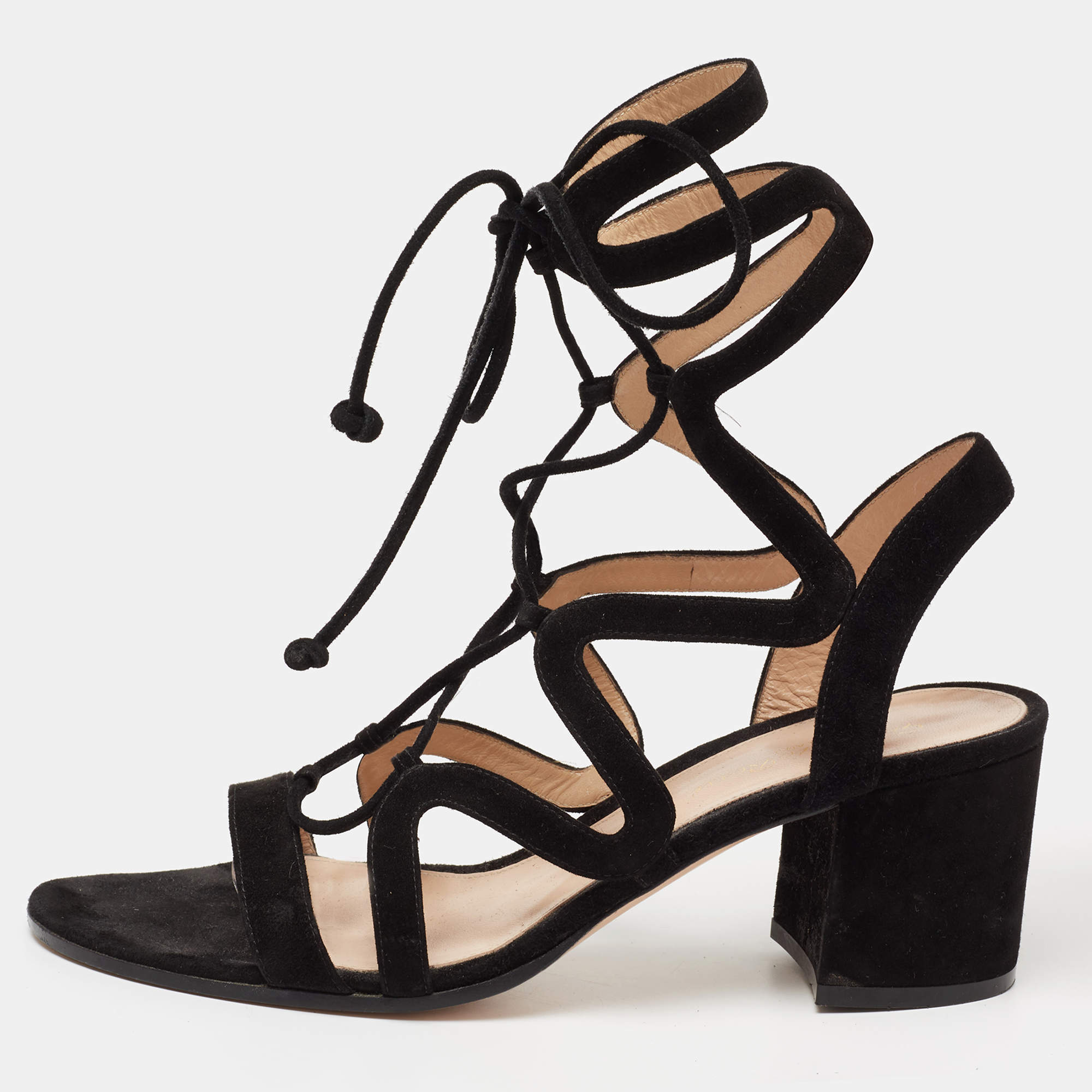 Pre Owned Gianvito Rossi Black Suede Gladiator Block Heel Sandals Size 39