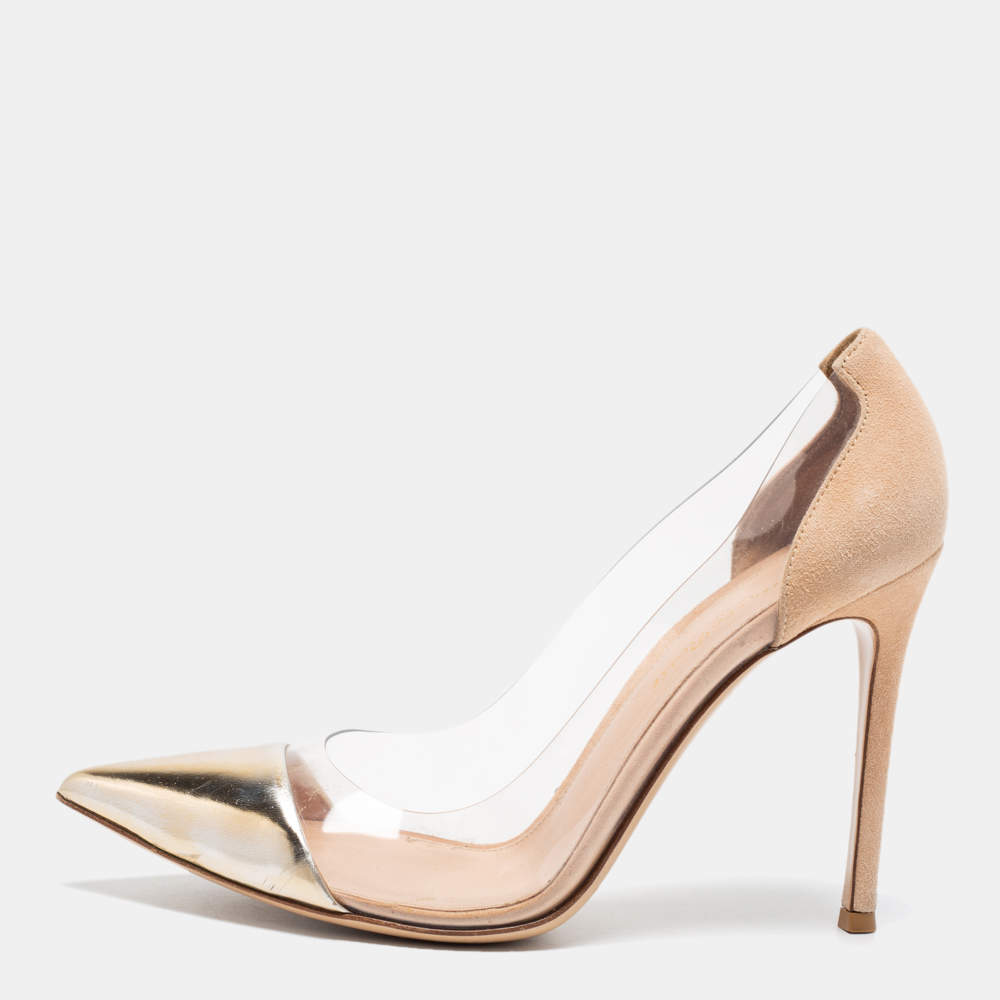 Pre Owned Gianvito Rossi Beige/Gold Suede, Leather And PVC Plexi Pointed Toe Pumps Size 38.5