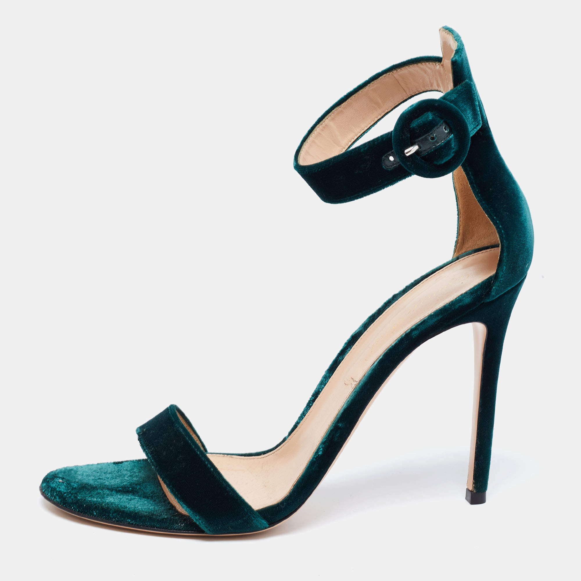 Pre Owned Gianvito Rossi Dark Green Velvet Portofino Ankle-Strap Sandals Size 41