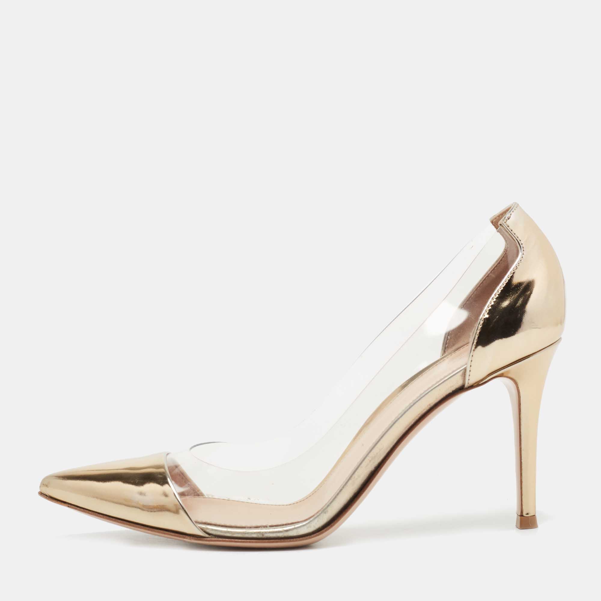 Pre Owned Gianvito Rossi Gold PVC and Leather Plexi Pumps Size 38