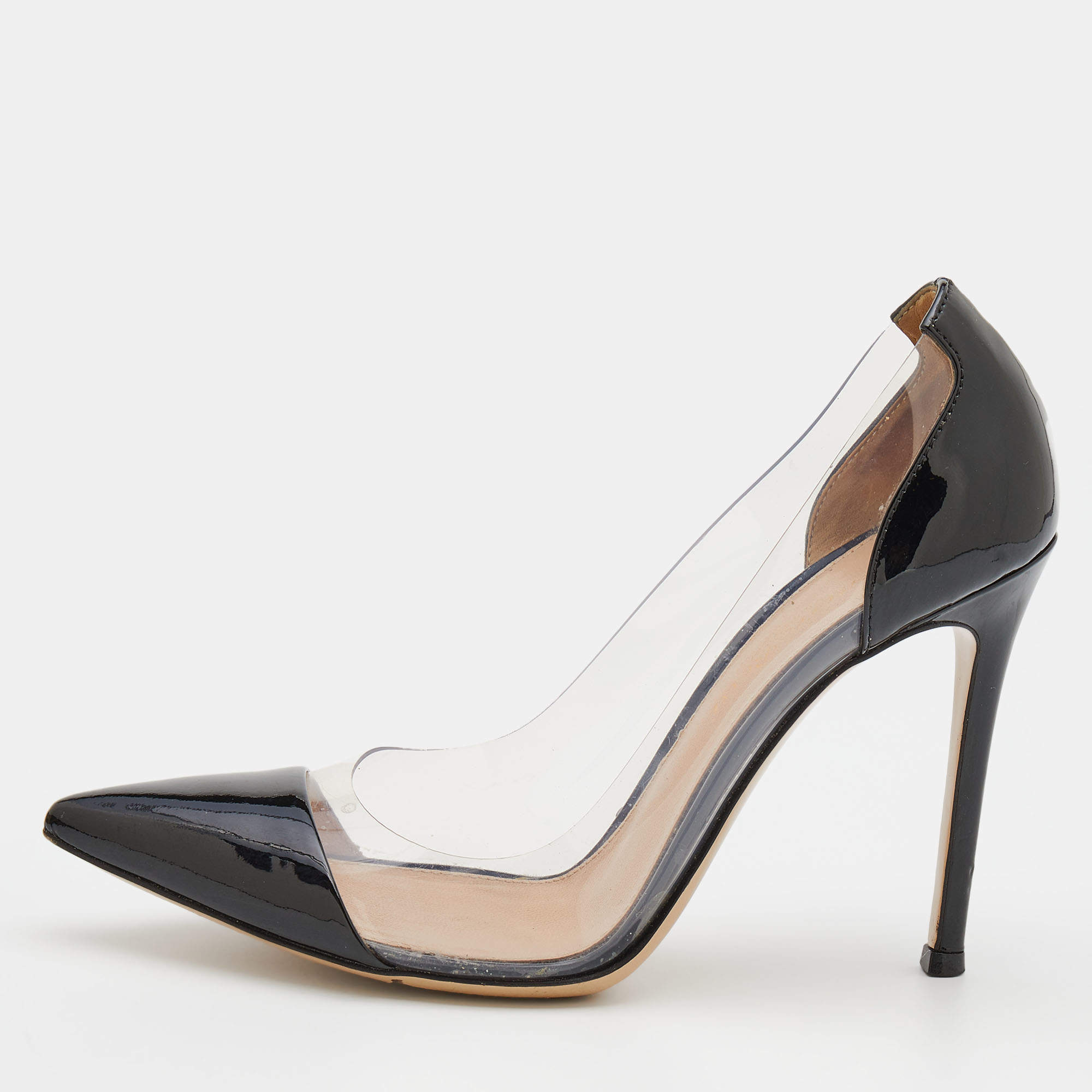 Pre Owned Gianvito Rossi Black/Transparent Patent Leather And PVC Plexi Pointed Toe Pumps Size 36