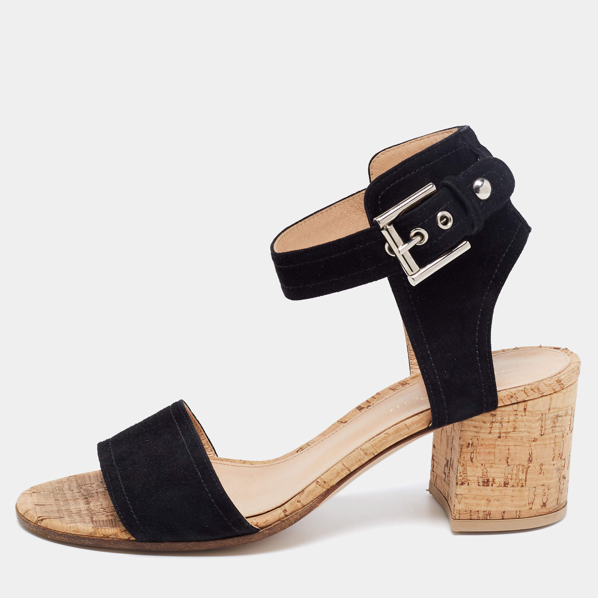 Pre Owned Gianvito Rossi Black Suede Ankle Strap Cork Heel Sandals Size 38