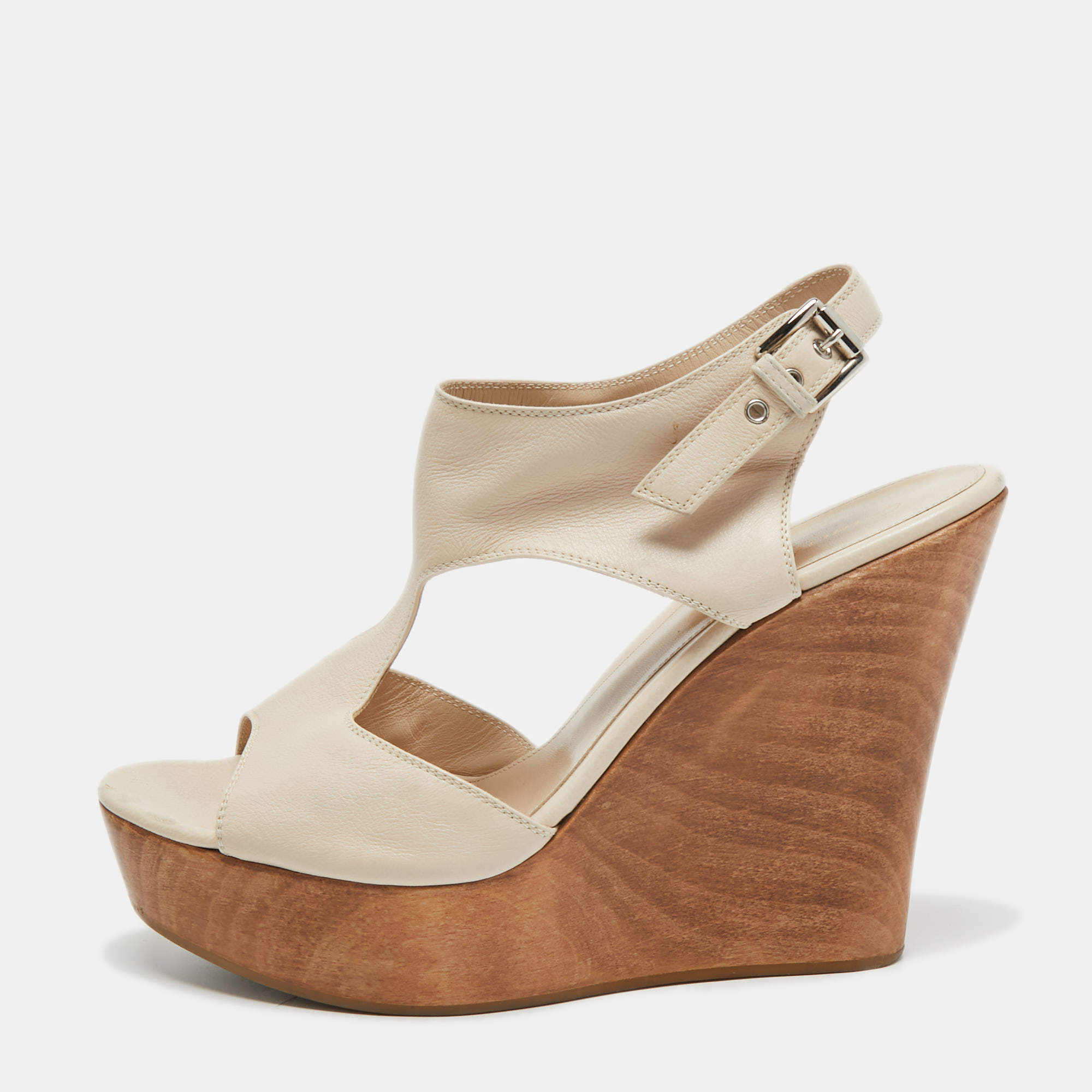 Pre Owned Gianvito Rossi Cream Leather Ankle Strap Platform Wedge Sandals Size 40.5