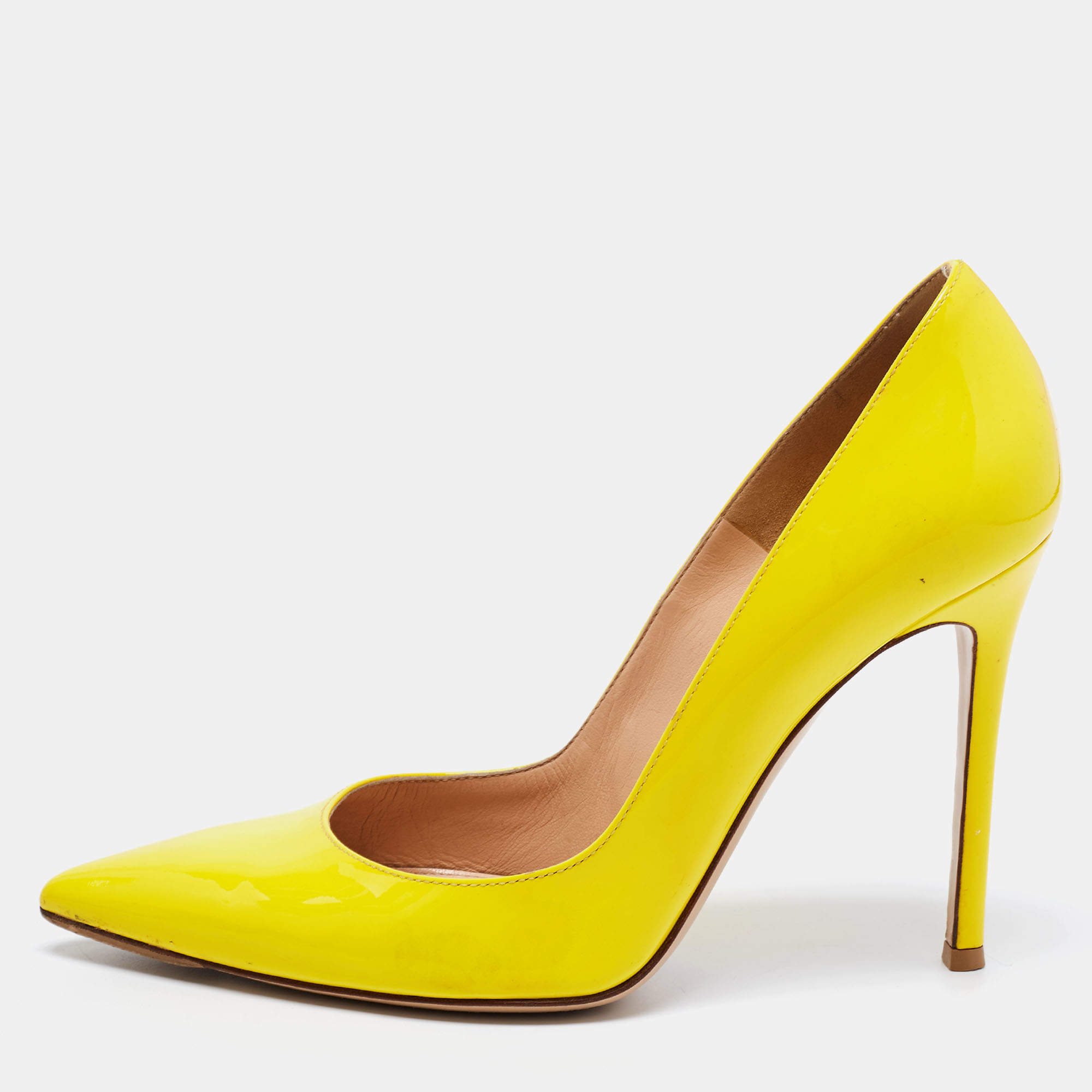 Pre Owned Gianvito Rossi Yellow Patent Leather Pointed Toe Pumps Size 38