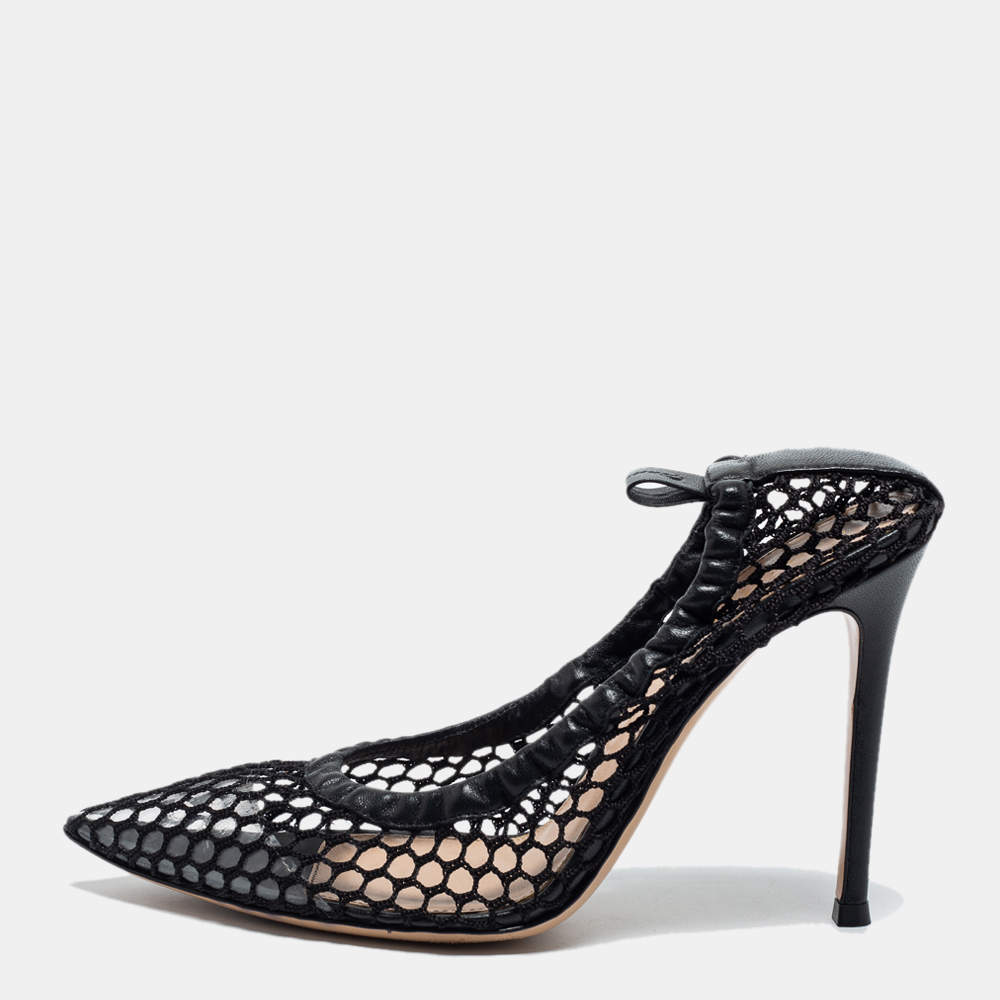 Pre Owned Gianvito Rossi Black Mesh and Leather Trim Alisia Pointed Toe Pumps Size 38.5