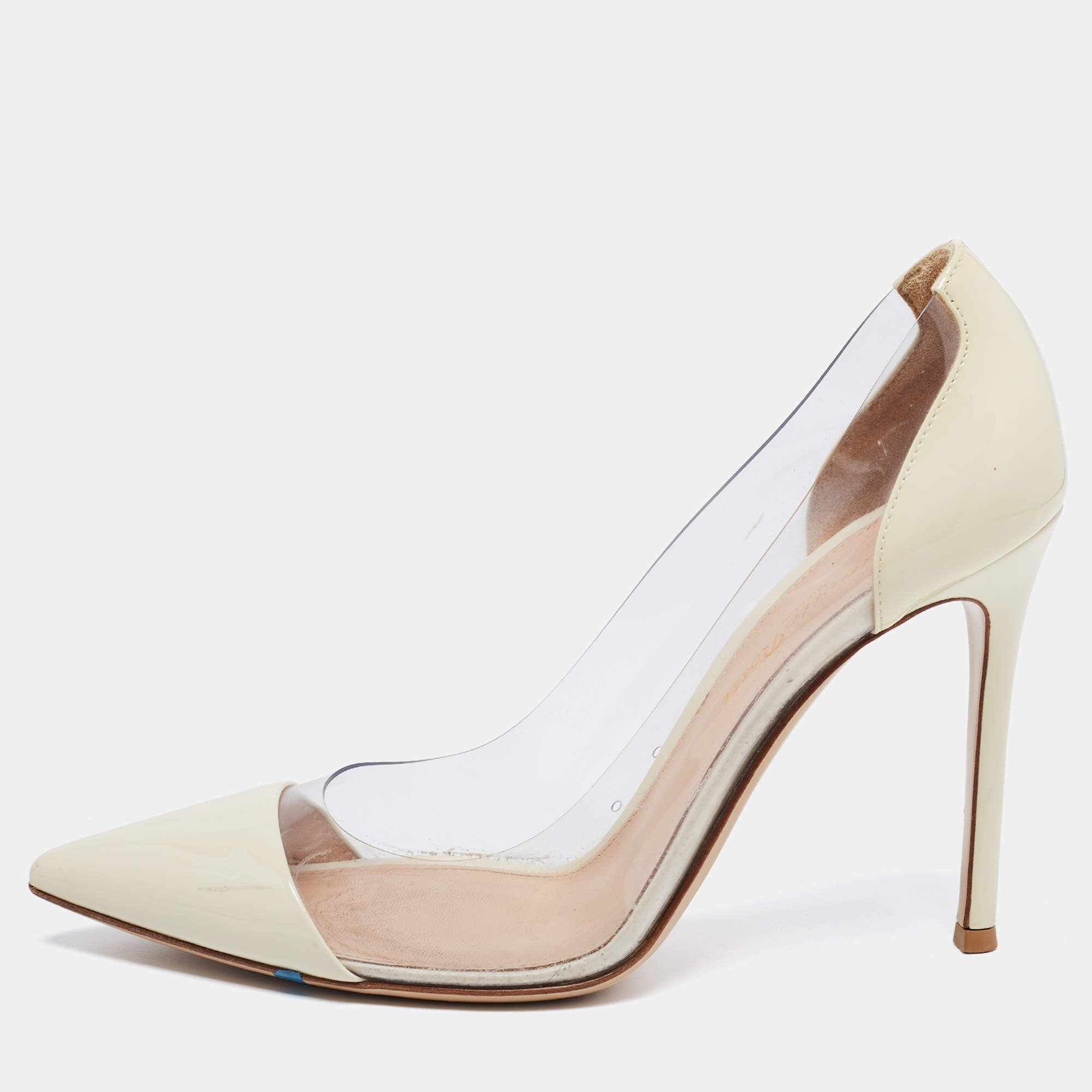 Pre Owned Gianvito Rossi Cream Patent Leather and PVC Plexi Pumps Size 38.5