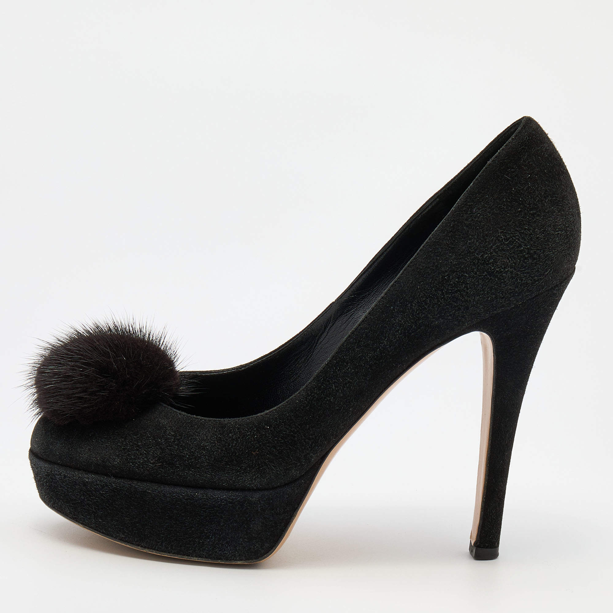 Gianvito Rossi Black Suede and Mink Fur Platform Pumps Size 37