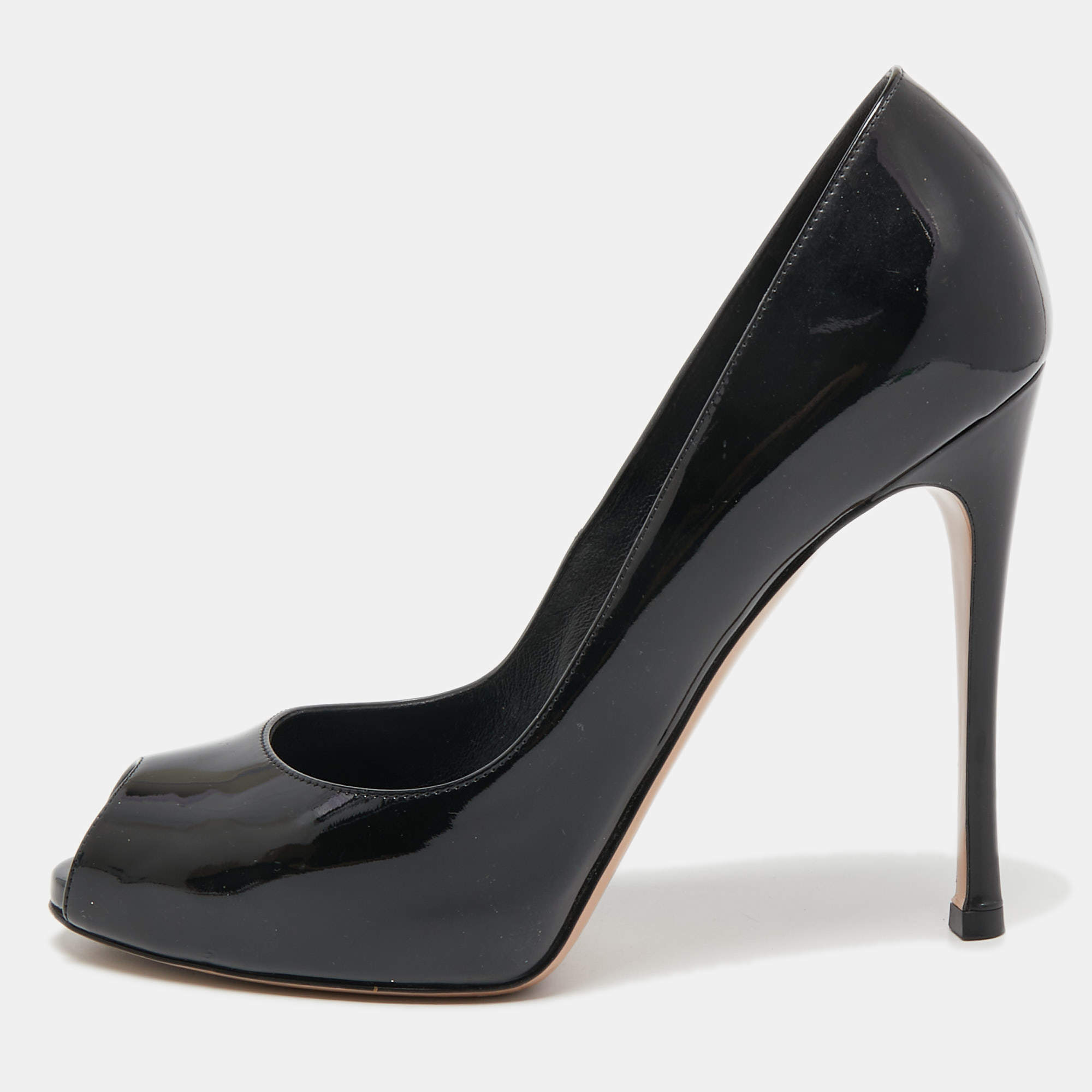 Pre Owned Gianvito Rossi Black Patent Leather Peep Toe Pumps Size 38