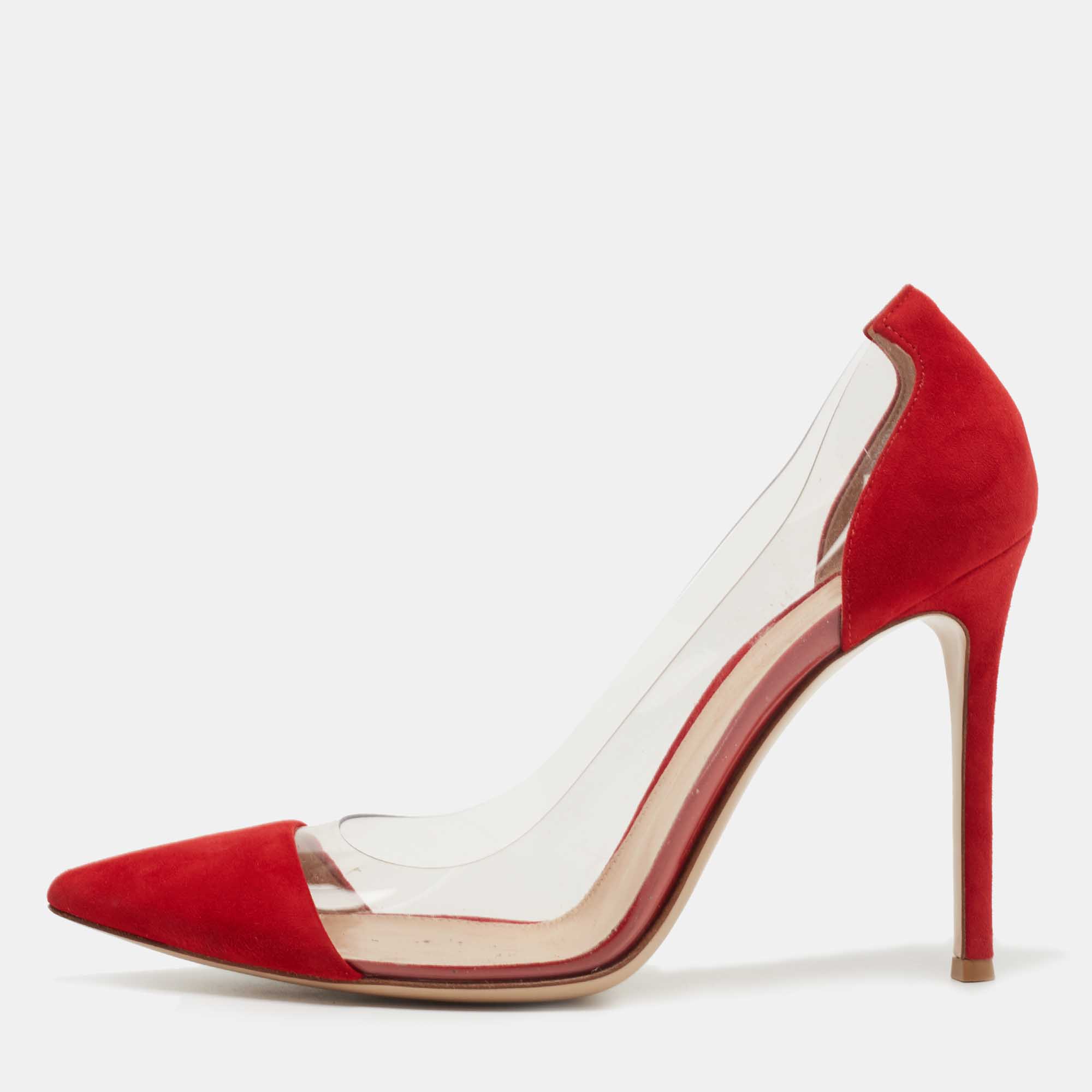 Pre Owned Gianvito Rossi Red Suede and PVC Plexi Pumps Size 38