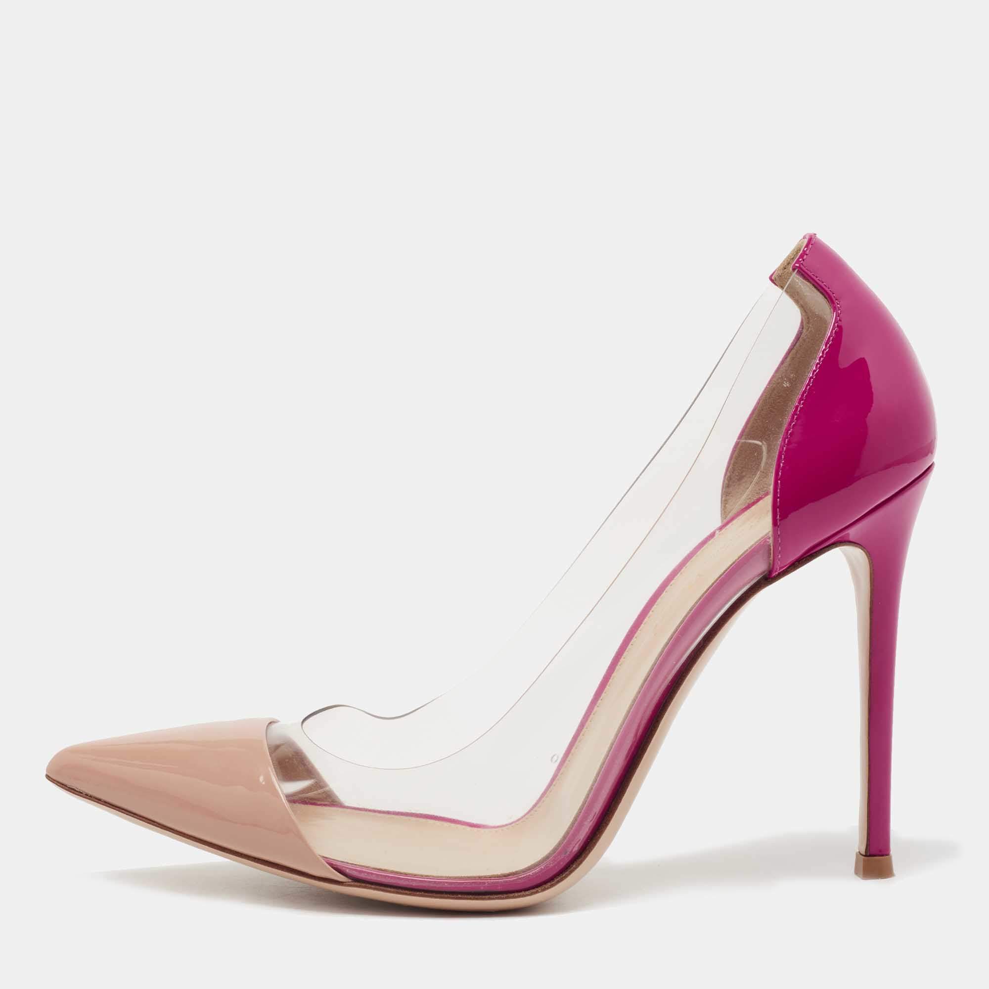 Pre Owned Gianvito Rossi Beige/Pink Patent Leather and PVC Plexi Pumps Size 38