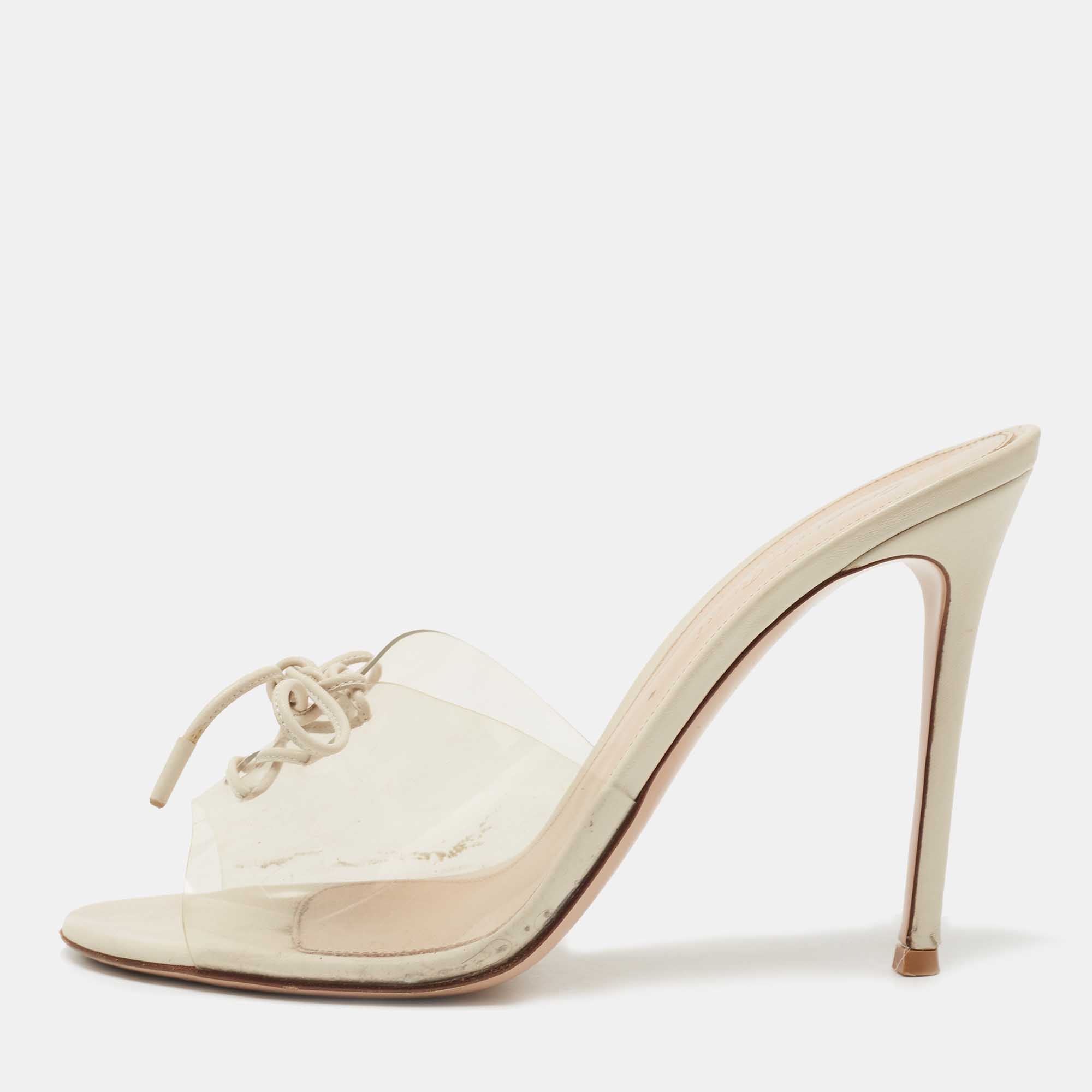 Pre Owned Gianvito Rossi Transparent/Cream PVC and Leather Lace Up Slide Sandals Size 41