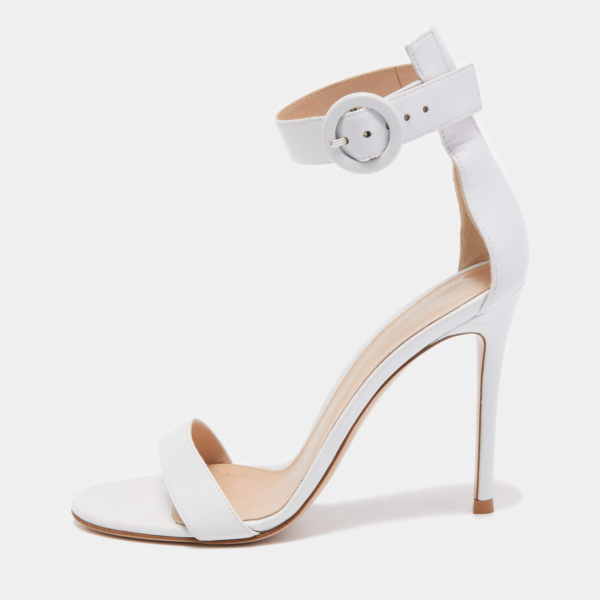 Pre Owned Gianvito Rossi White Leather Portofino Ankle Strap Sandals Size 37.5