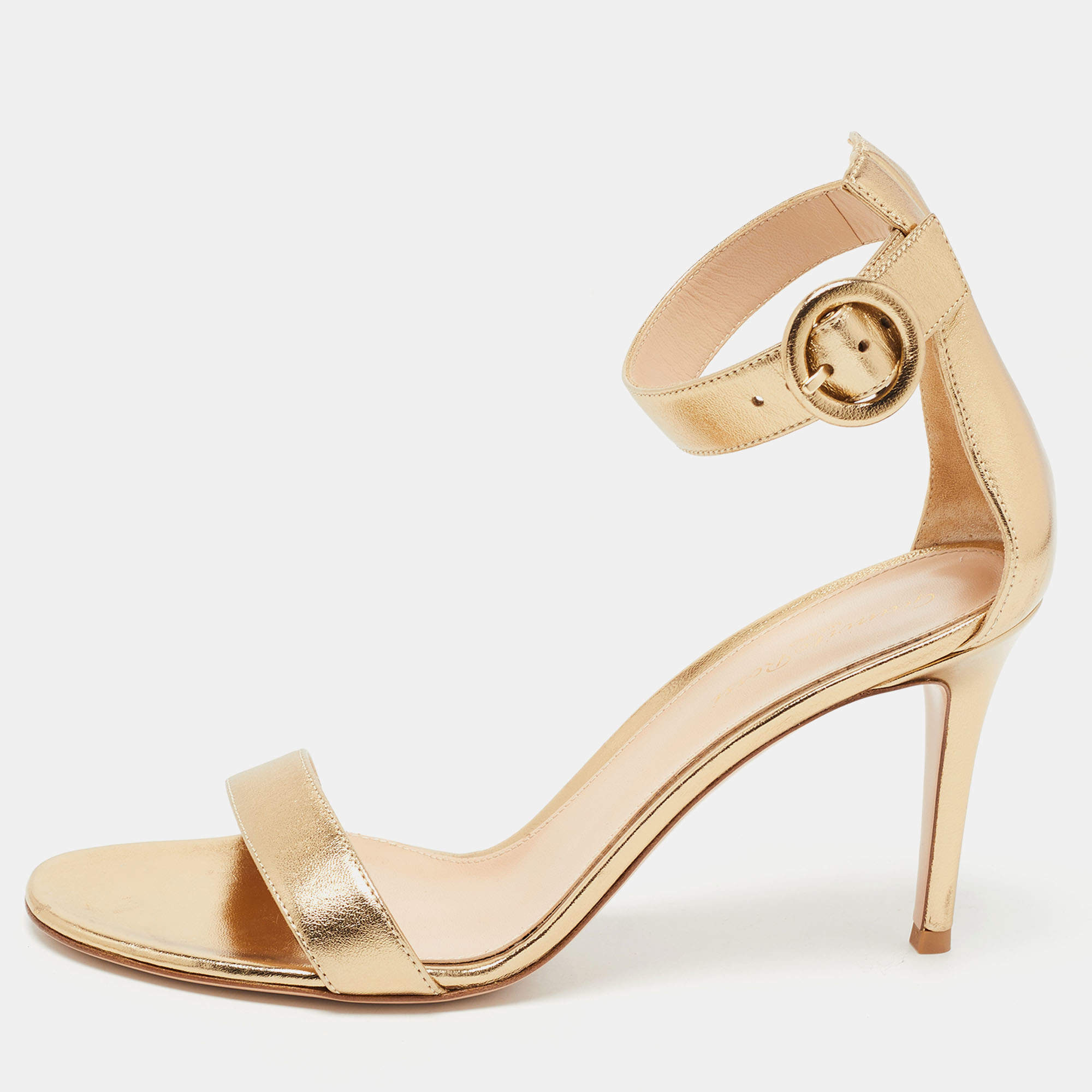 Pre Owned Gianvito Rossi Gold Leather Portofino Ankle Strap Sandals Size 39.5