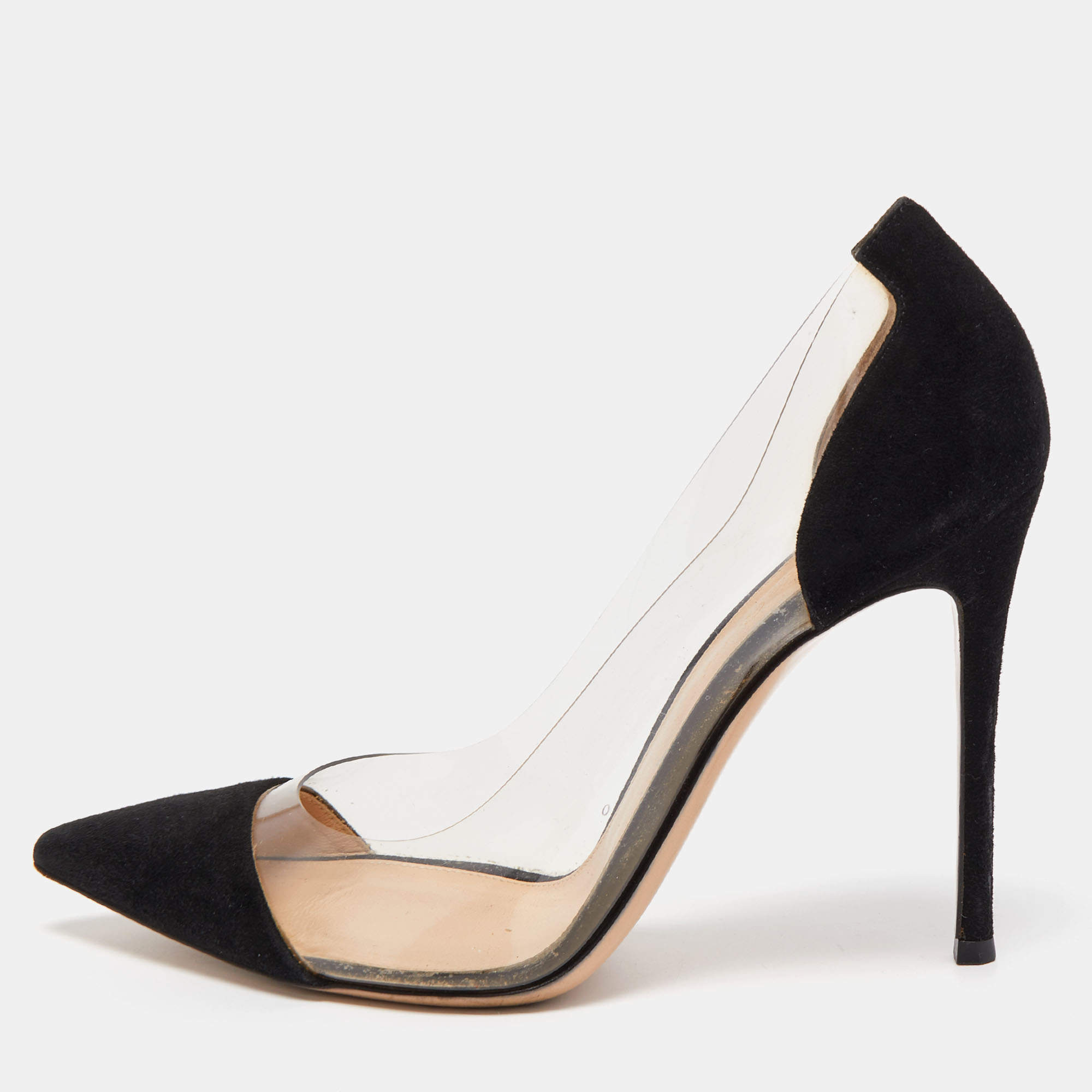 Pre Owned Gianvito Rossi Black Suede and PVC Plexi Pumps Size 40.5