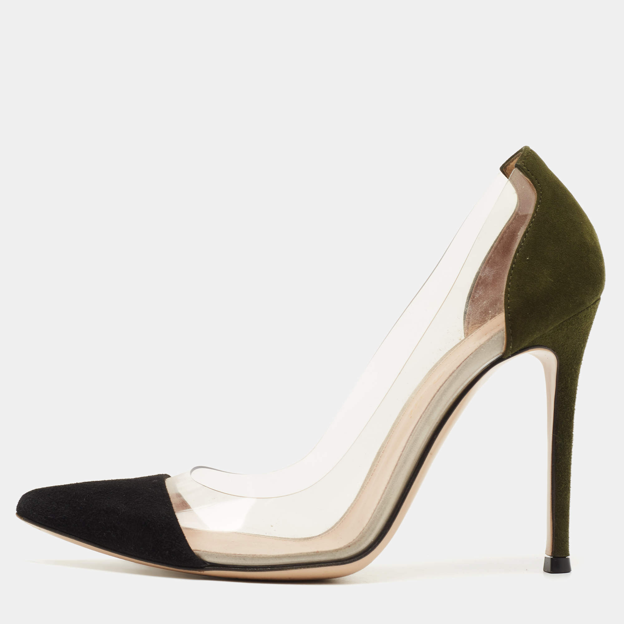 Pre Owned Gianvito Rossi Black/Green Suede and PVC Plexi Platform Pumps Size 36