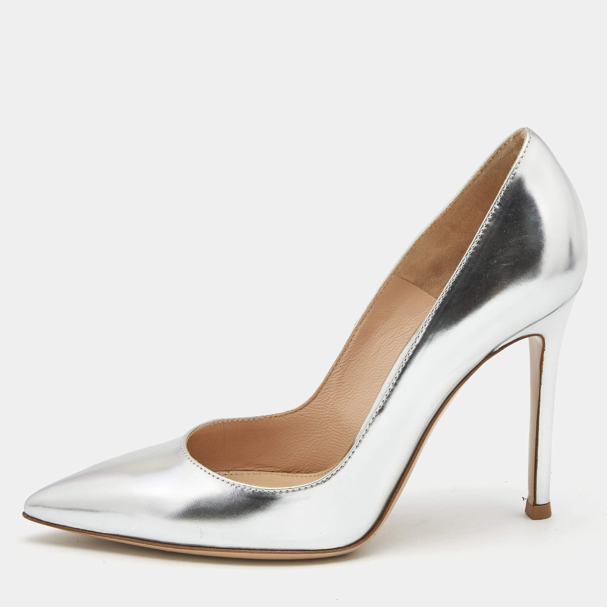 Pre Owned Gianvito Rossi Silver Patent Leather Gianvito Pointed Toe Pumps Size 35