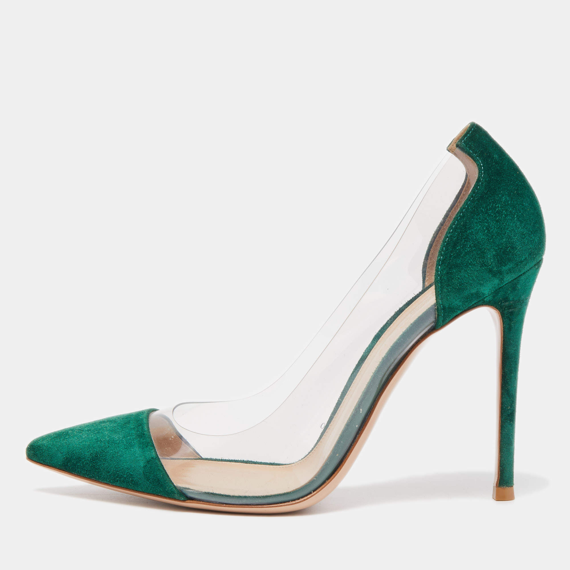 Pre Owned Gianvito Rossi Green Suede and PVC Plexi Pumps Size 38