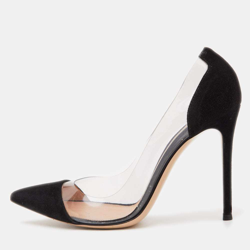 Pre Owned Gianvito Rossi Black Suede and PVC Plexi Pumps Size 38.5