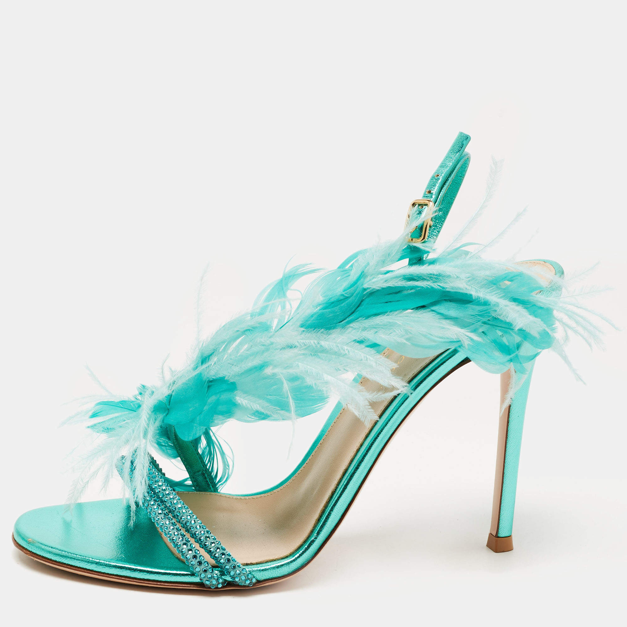 Pre Owned Gianvito Rossi Green Leather and Feather Anthea Sandals Size 38.5