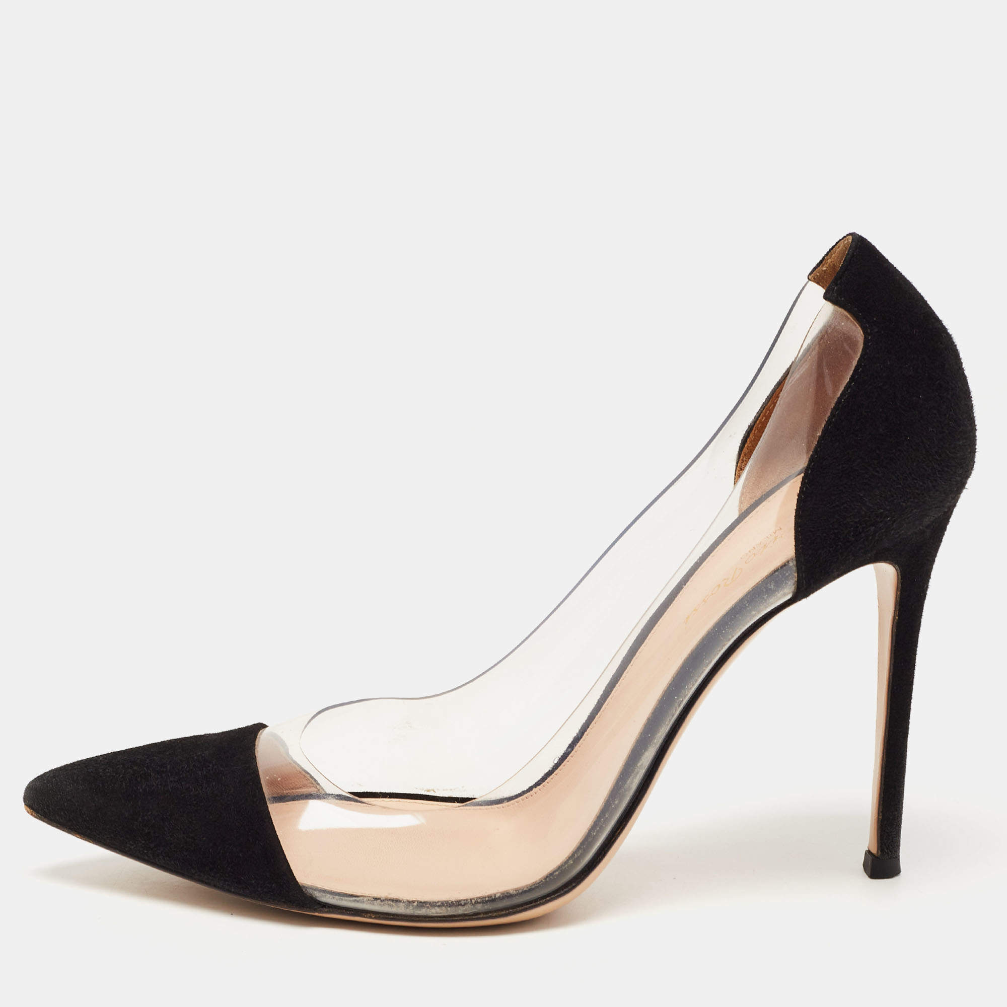 Pre Owned Gianvito Rossi Black Suede and PVC Plexi Pumps Size 40.5