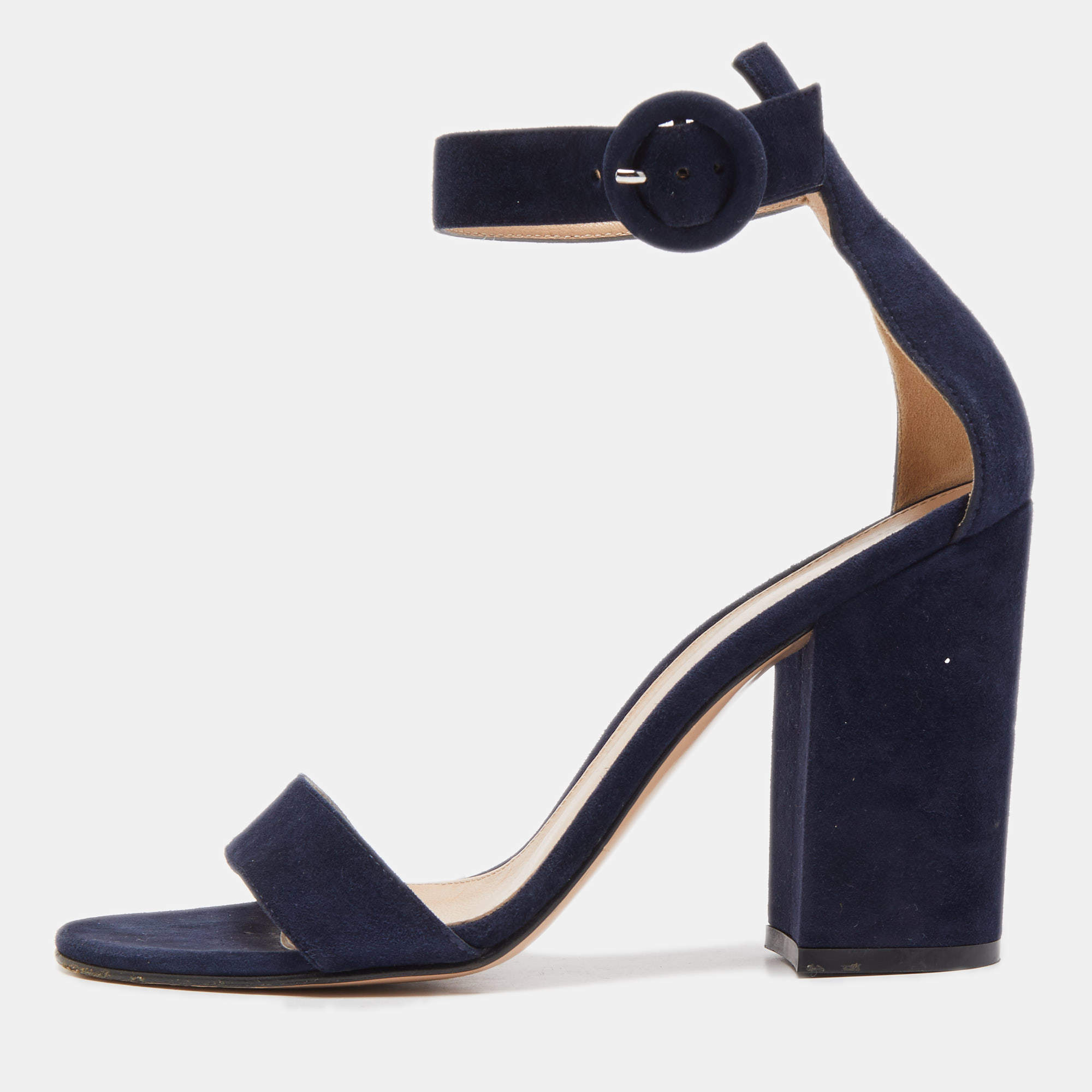 Pre Owned Gianvito Rossi Navy Blue Suede Portofino Ankle Strap Sandals Size 37.5