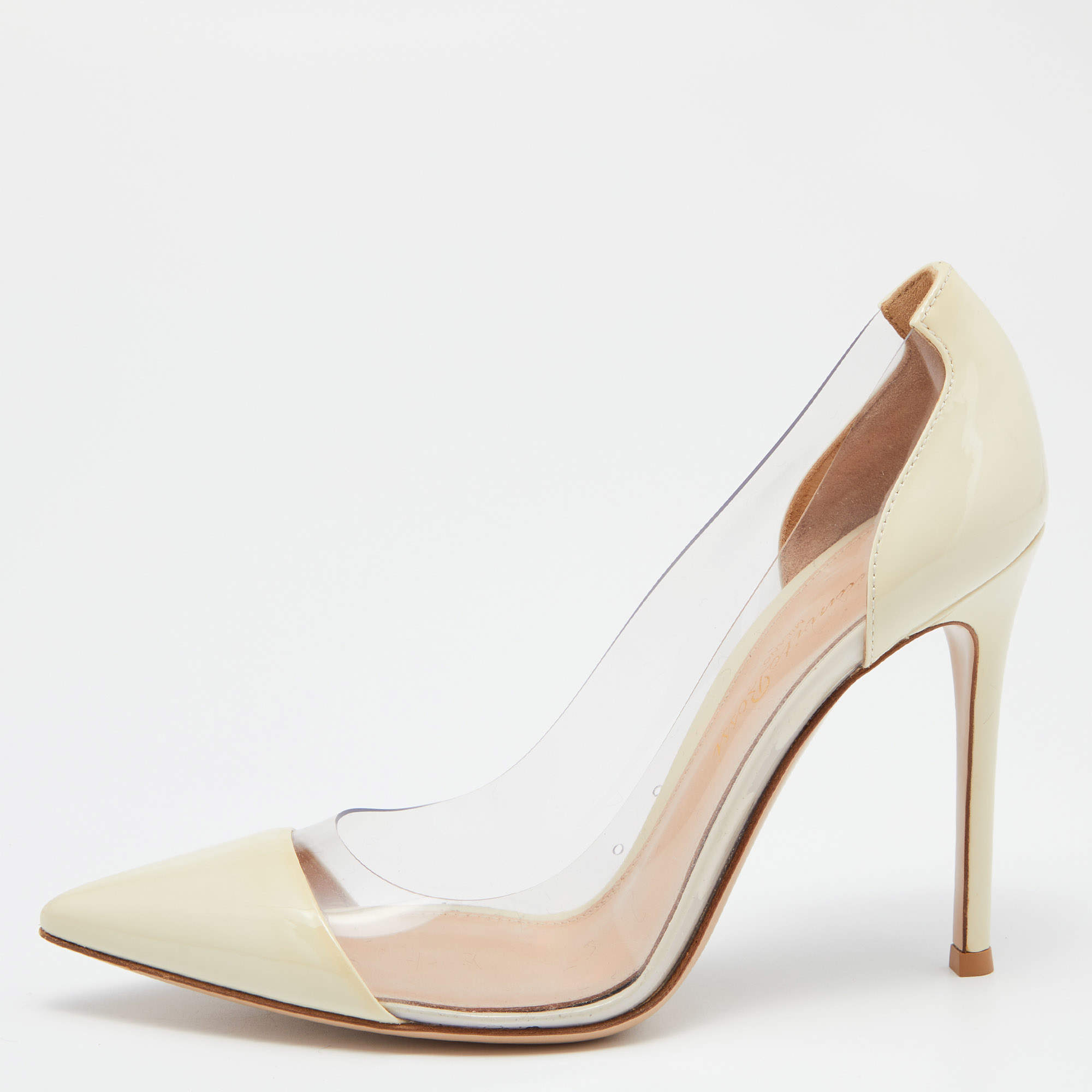 Pre Owned Gianvito Rossi Cream Leather and  PVC Plexi Pointed toe Pumps Size 37