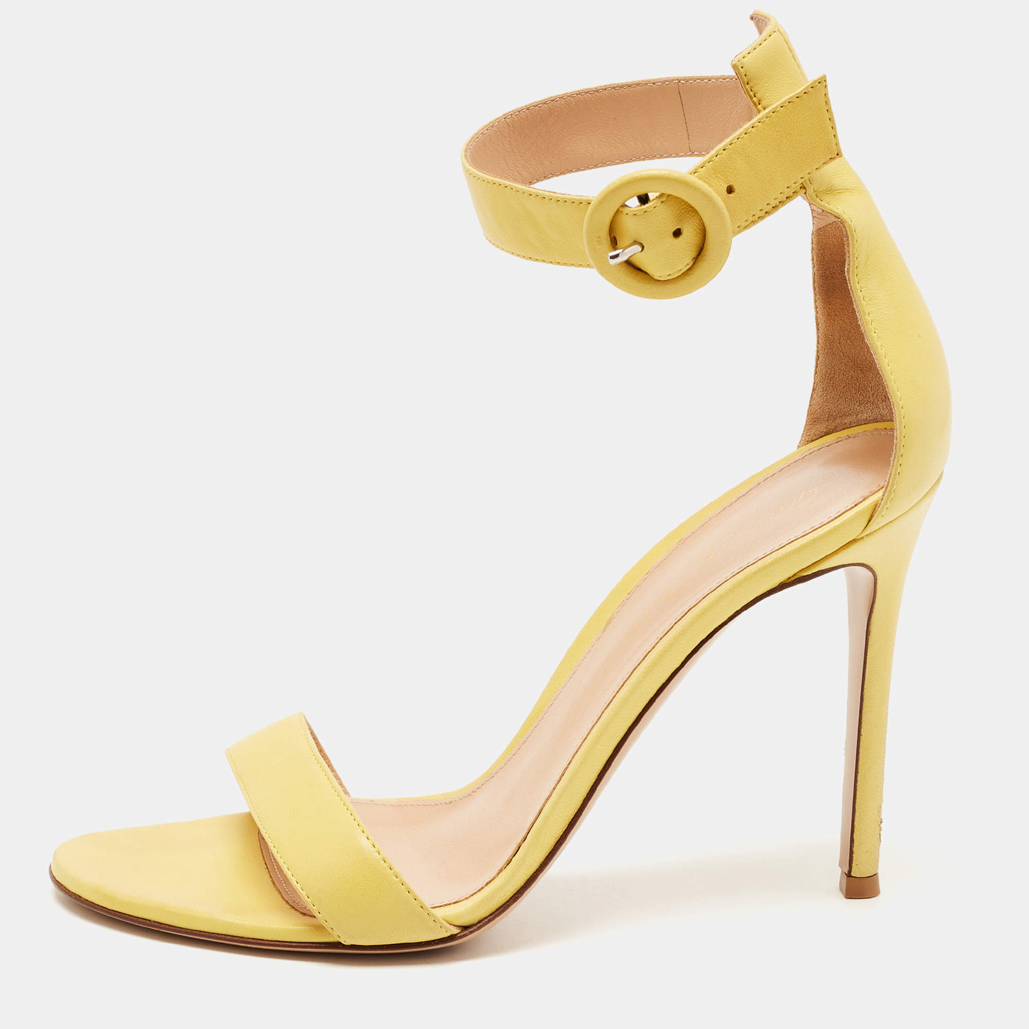 Pre Owned Gianvito Rossi Yellow Leather Portofino Ankle Strap Sandals Size 38