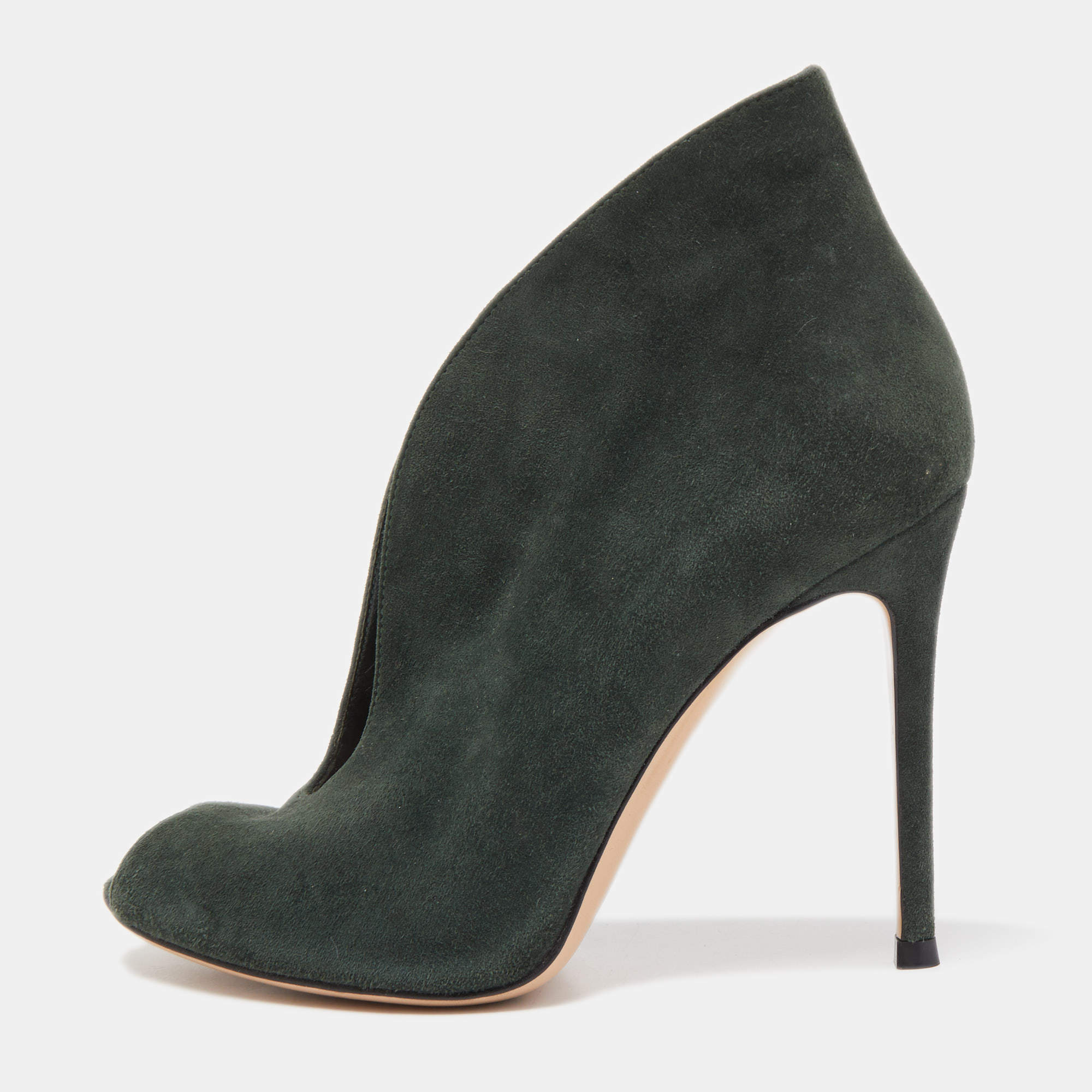 Pre Owned Gianvito Rossi Dark Green Suede Vamp Peep Toe Booties Size 35.5