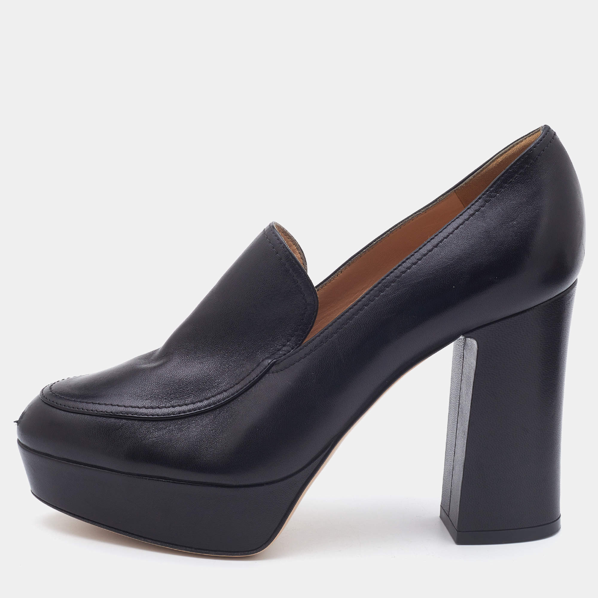 Pre Owned Gianvito Rossi Black Leather Block Heel Loafer Pumps Size 38.5