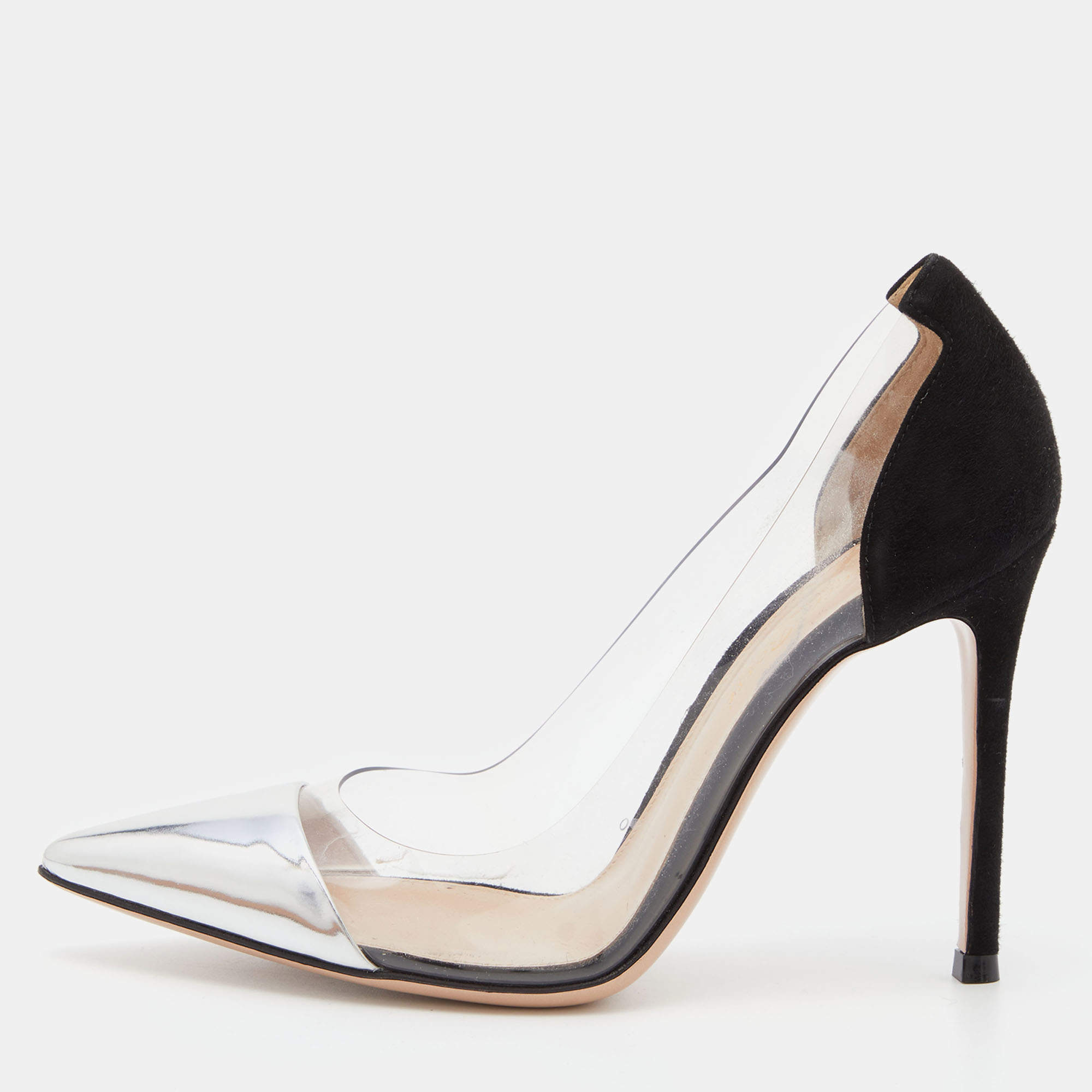 Pre Owned Gianvito Rossi Black/Silver PVC, Suede and Patent Leather Plexi Pumps Size 35
