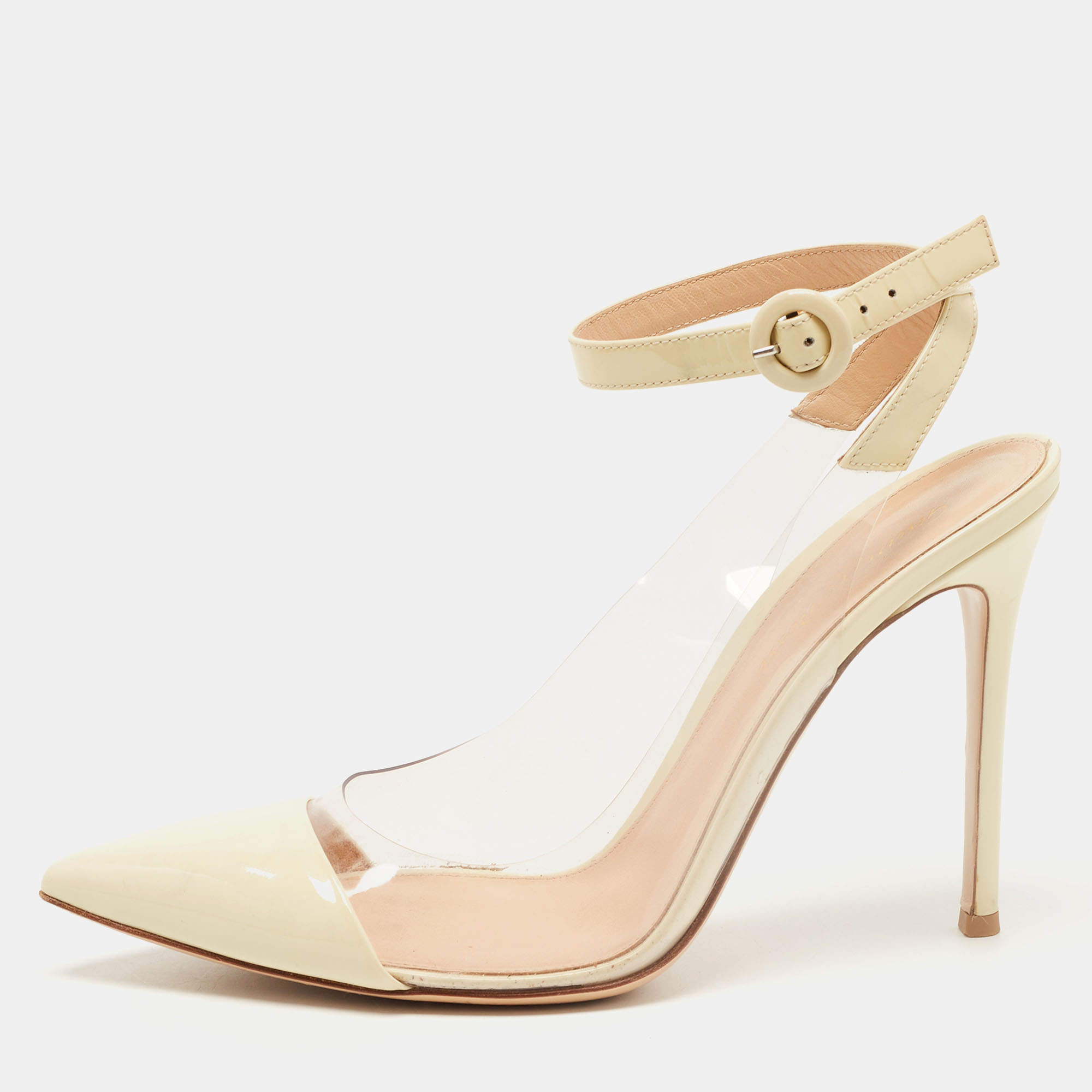 Pre Owned Gianvito Rossi White Patent Leather and PVC Anise Ankle Strap Pumps Size 40