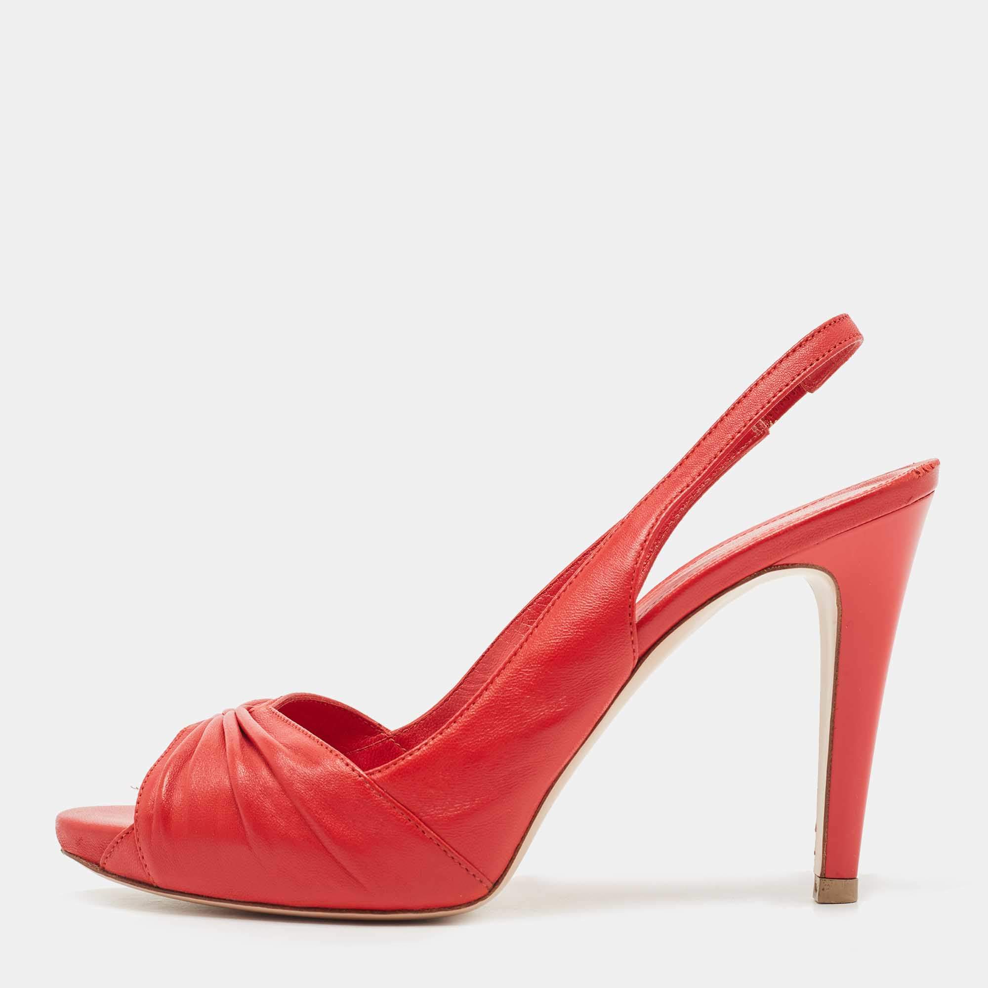 Pre Owned Gianvito Rossi Red Pleated Leather Open Toe Slingback Sandals Size 38