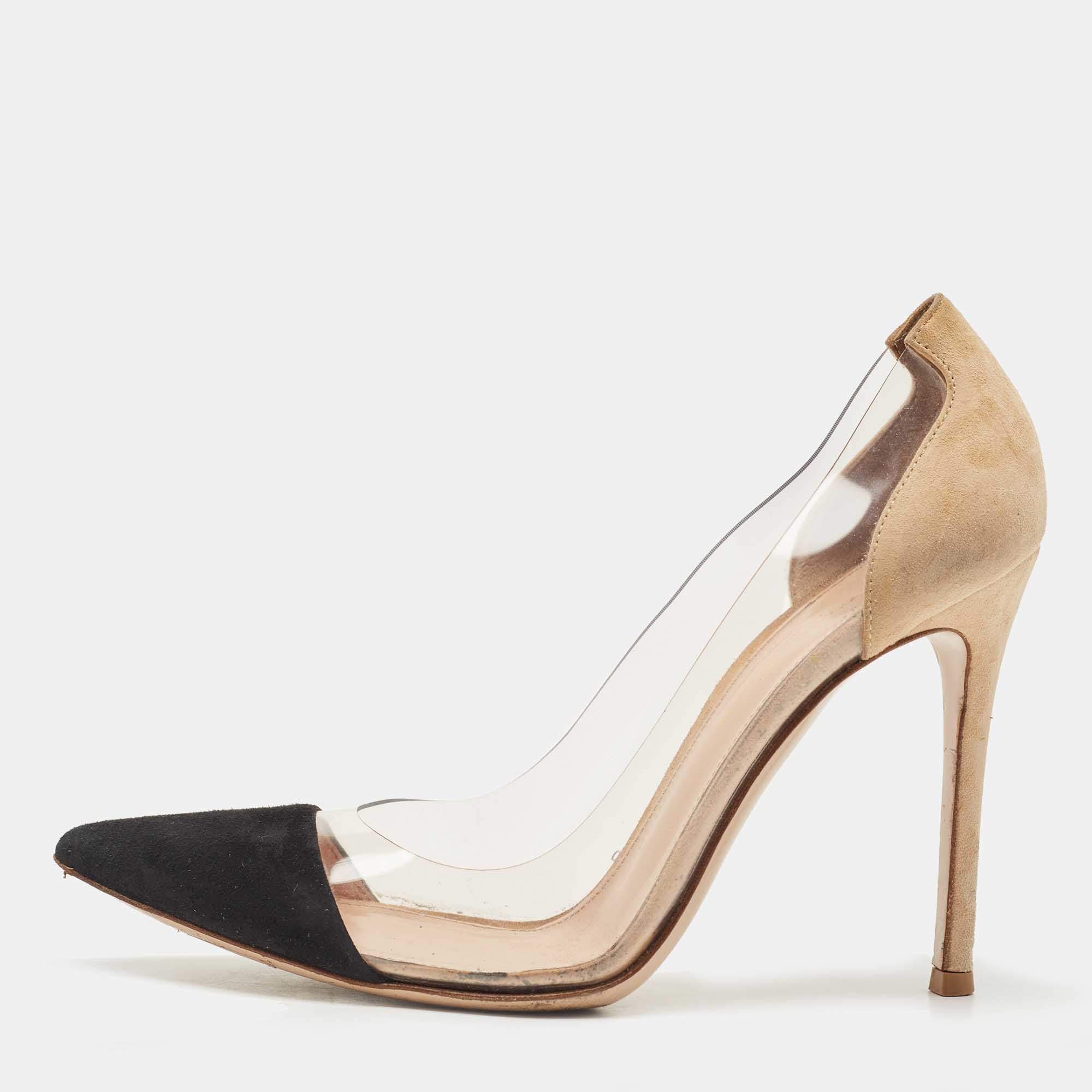 Gianvito Rossi Beige/Black Suede and PVC Plexi Pointed Toe Pumps
