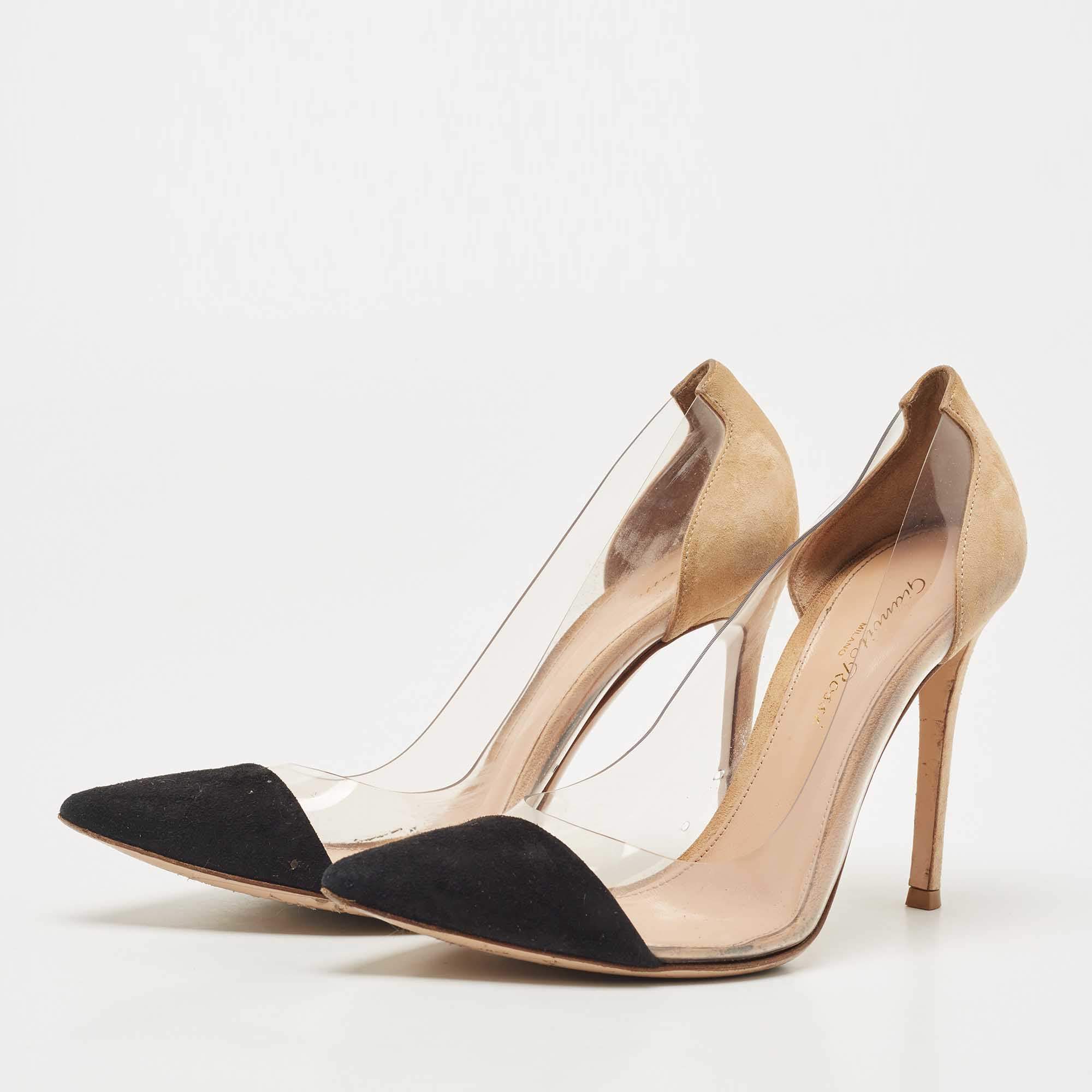 Gianvito Rossi Beige/Black Suede and PVC Plexi Pointed Toe Pumps